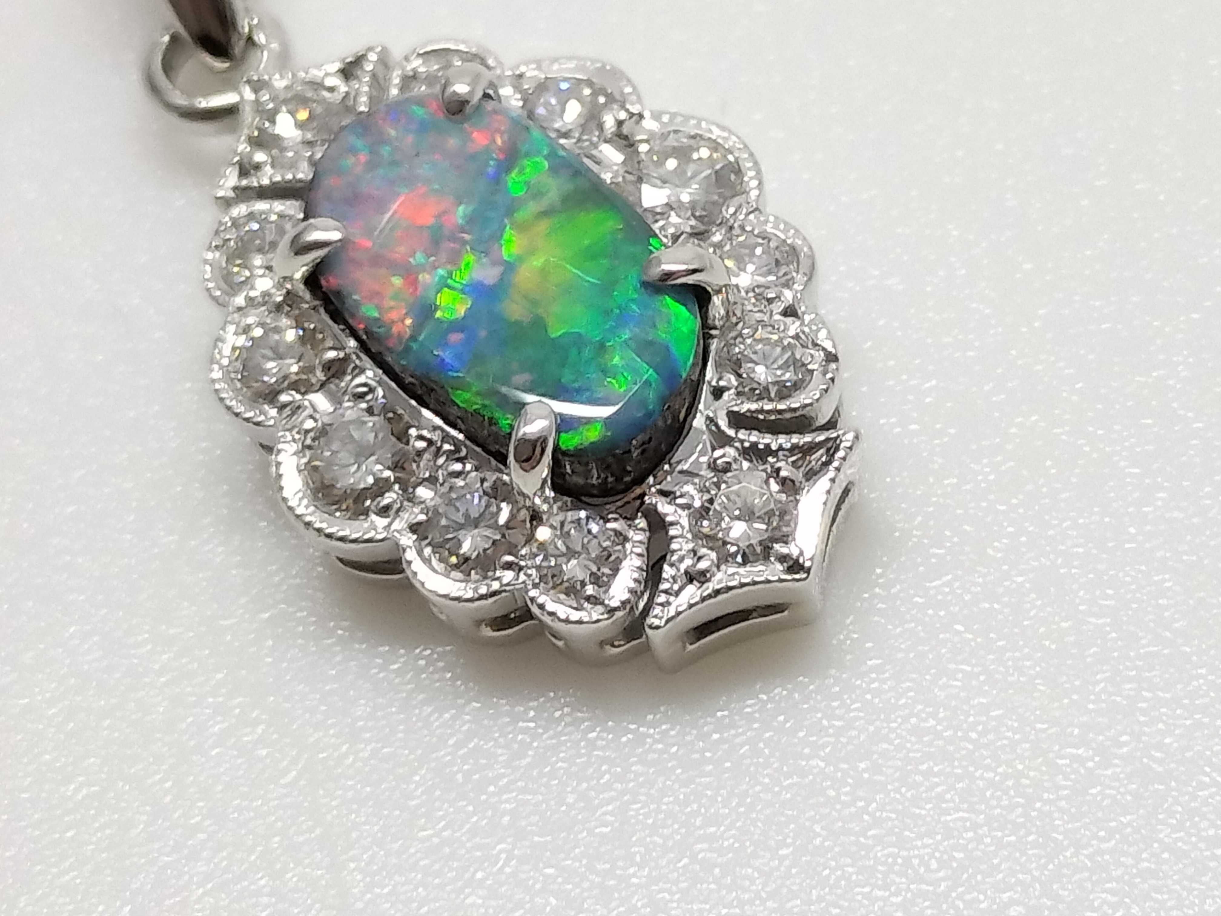 Platinum Natural Boulder Opal and Diamond Halo Pendant