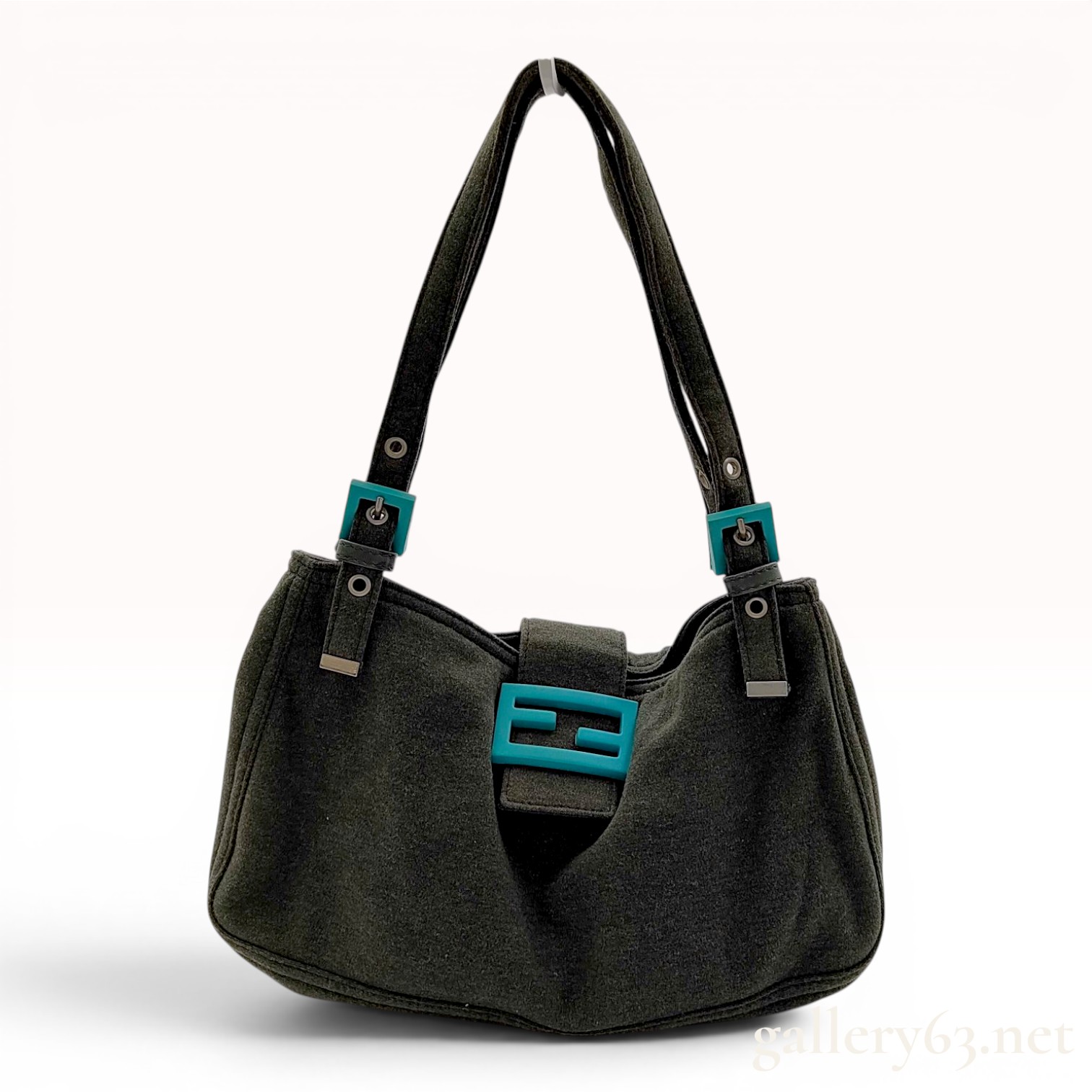 Fendi Dark Olive Green Jersey Fabric Mamma Baguette Bag with Turquoise Hardware