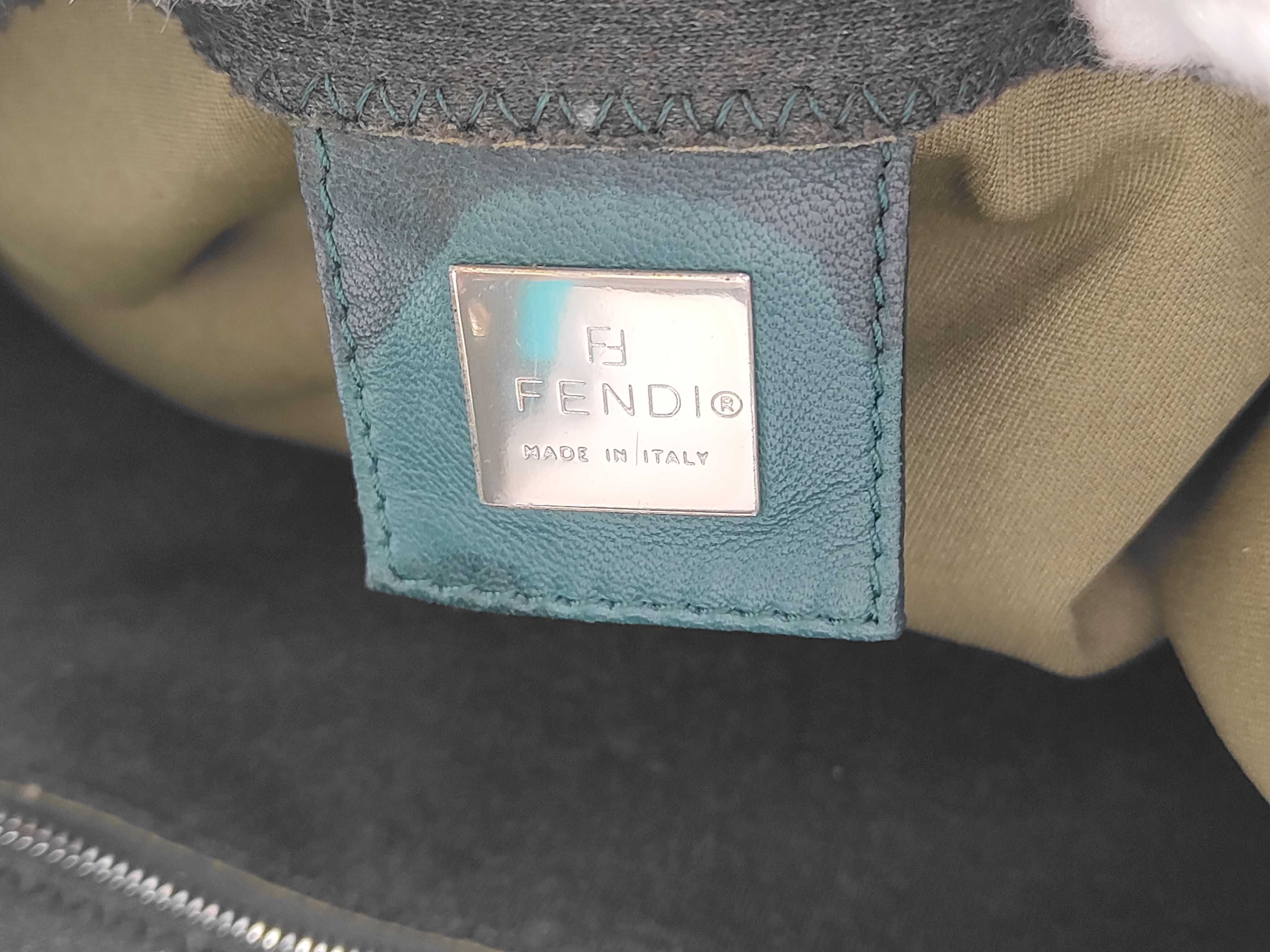 Fendi Dark Olive Green Jersey Fabric Mamma Baguette Bag with Turquoise Hardware