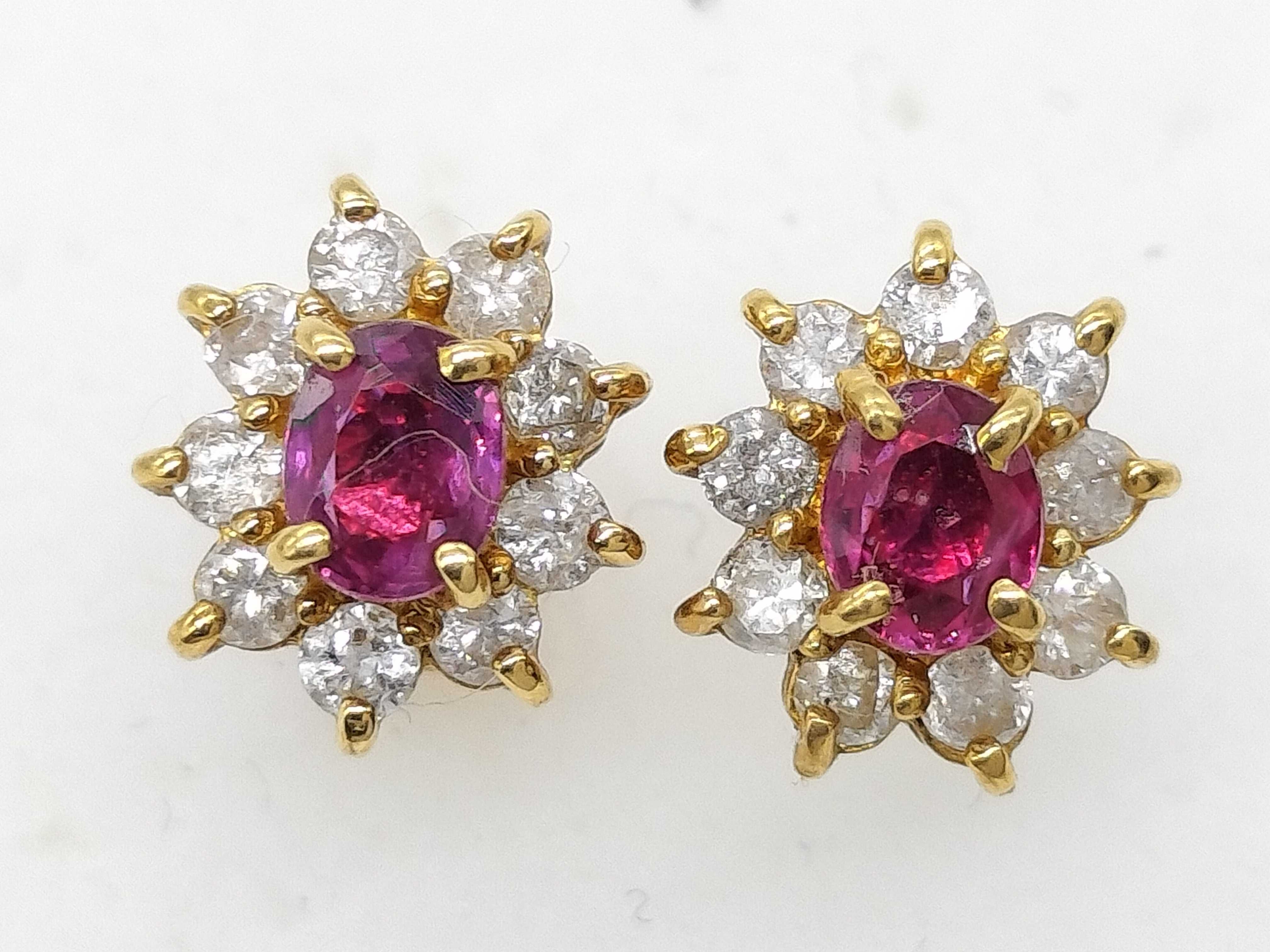 A Pair of 18K Yellow Gold Ruby and Diamond Floral Cluster Stud Earrings