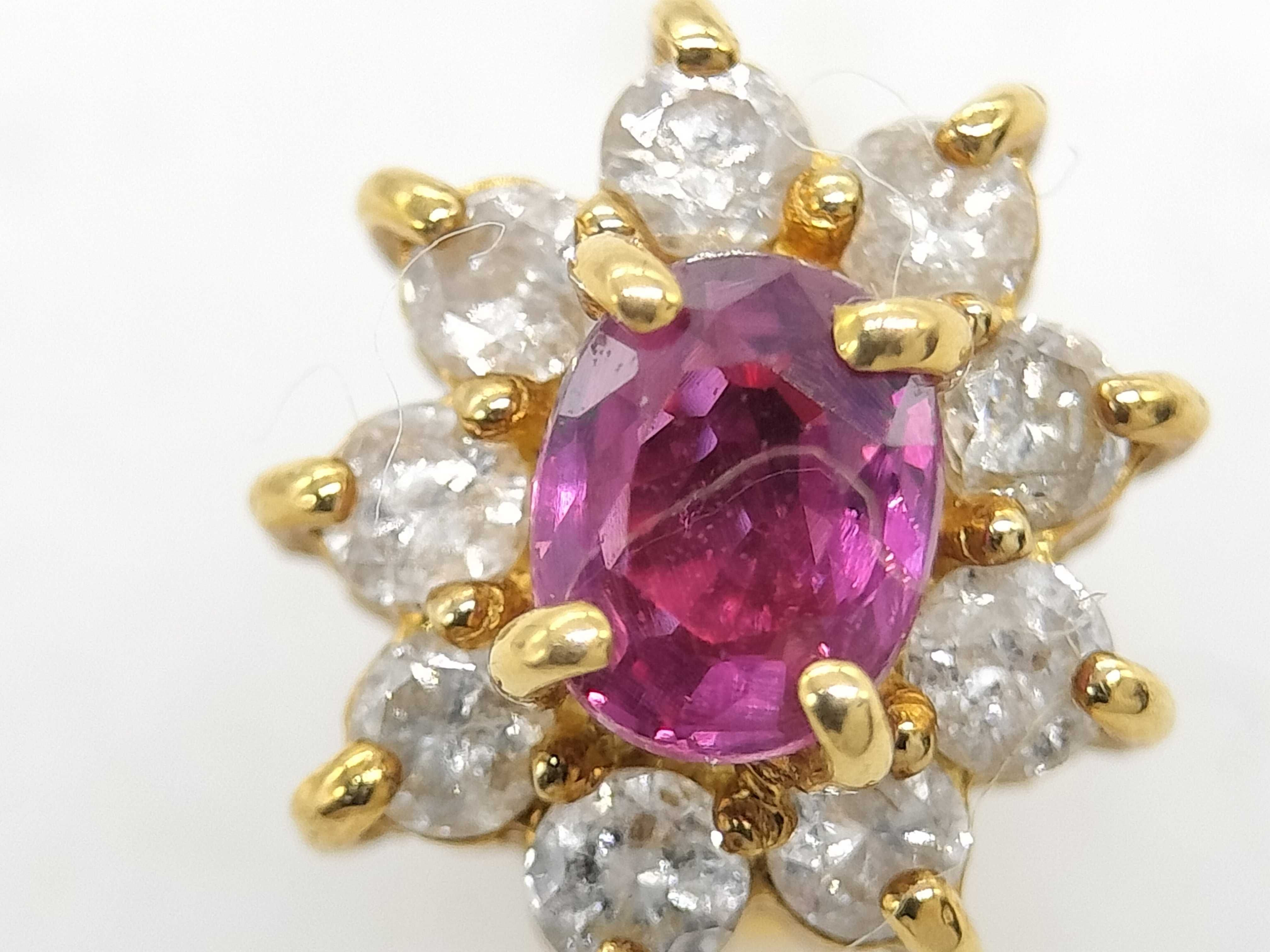 A Pair of 18K Yellow Gold Ruby and Diamond Floral Cluster Stud Earrings