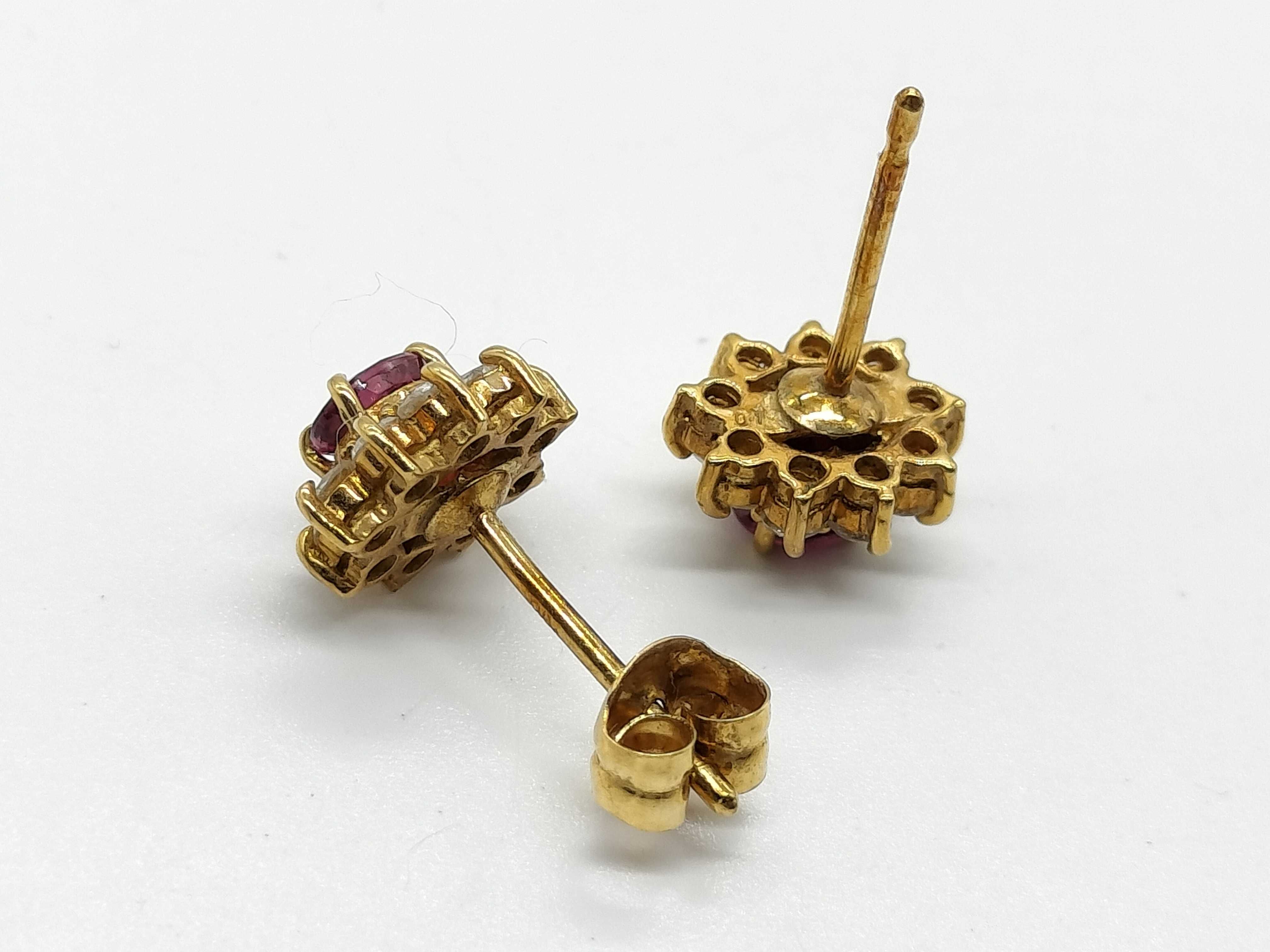 A Pair of 18K Yellow Gold Ruby and Diamond Floral Cluster Stud Earrings