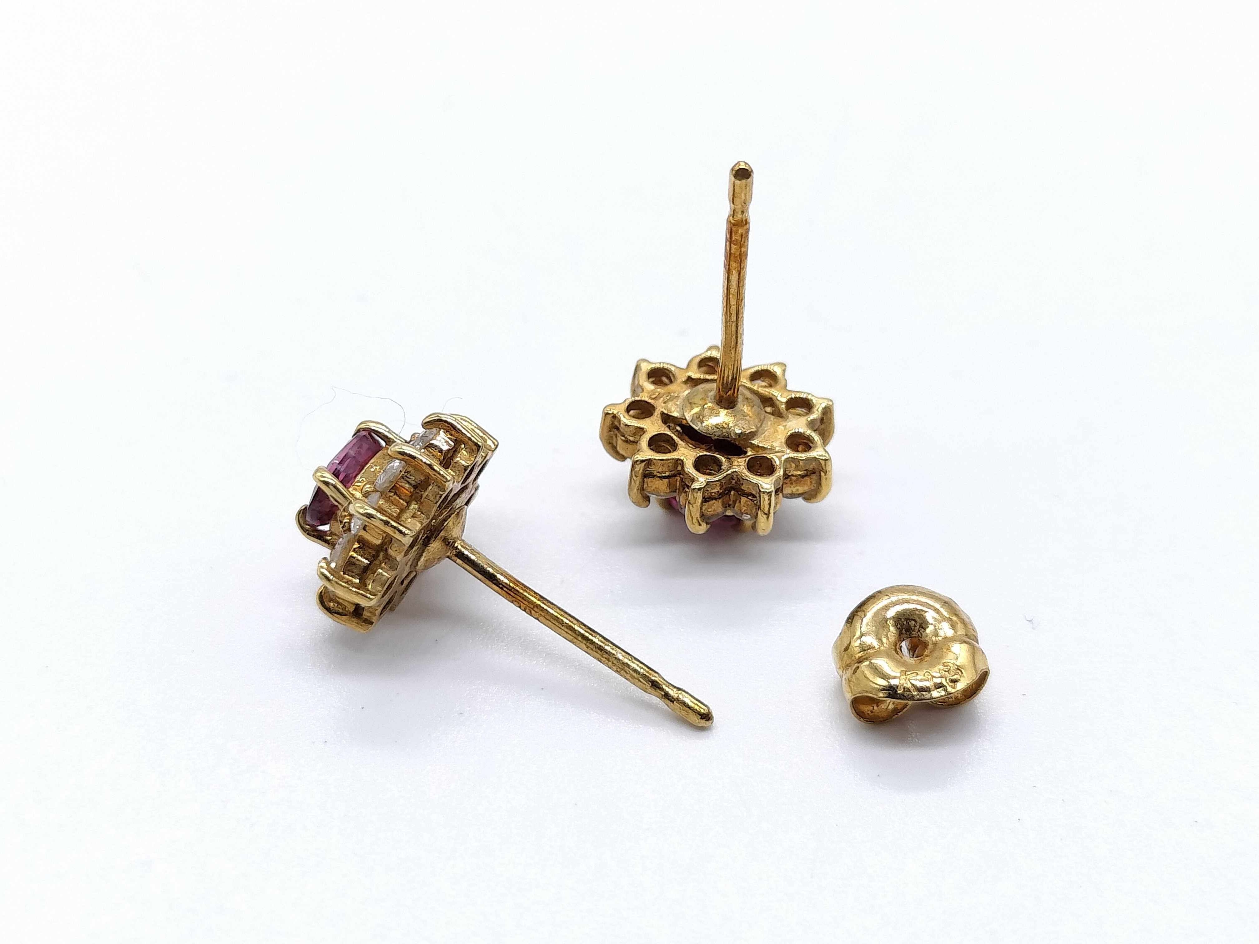 A Pair of 18K Yellow Gold Ruby and Diamond Floral Cluster Stud Earrings