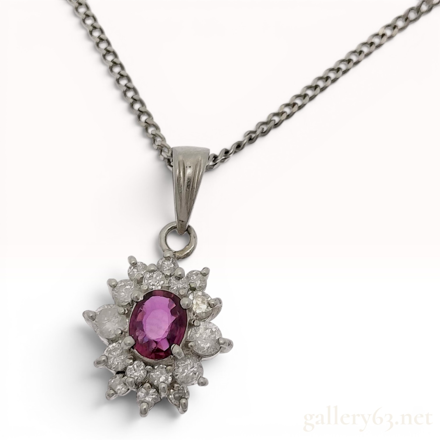 Platinum, Ruby, and Diamond Cluster Pendant Necklace