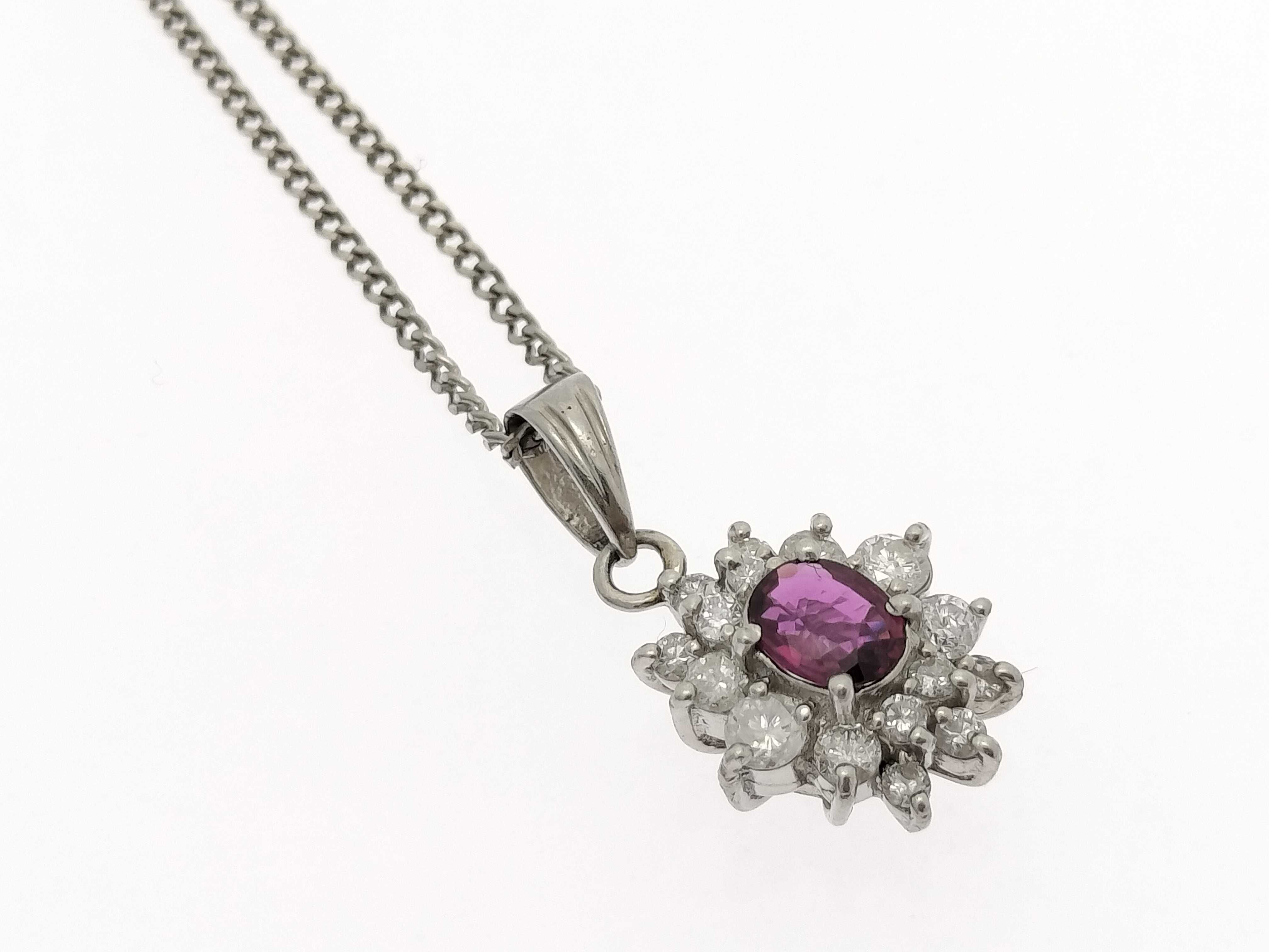Platinum, Ruby, and Diamond Cluster Pendant Necklace