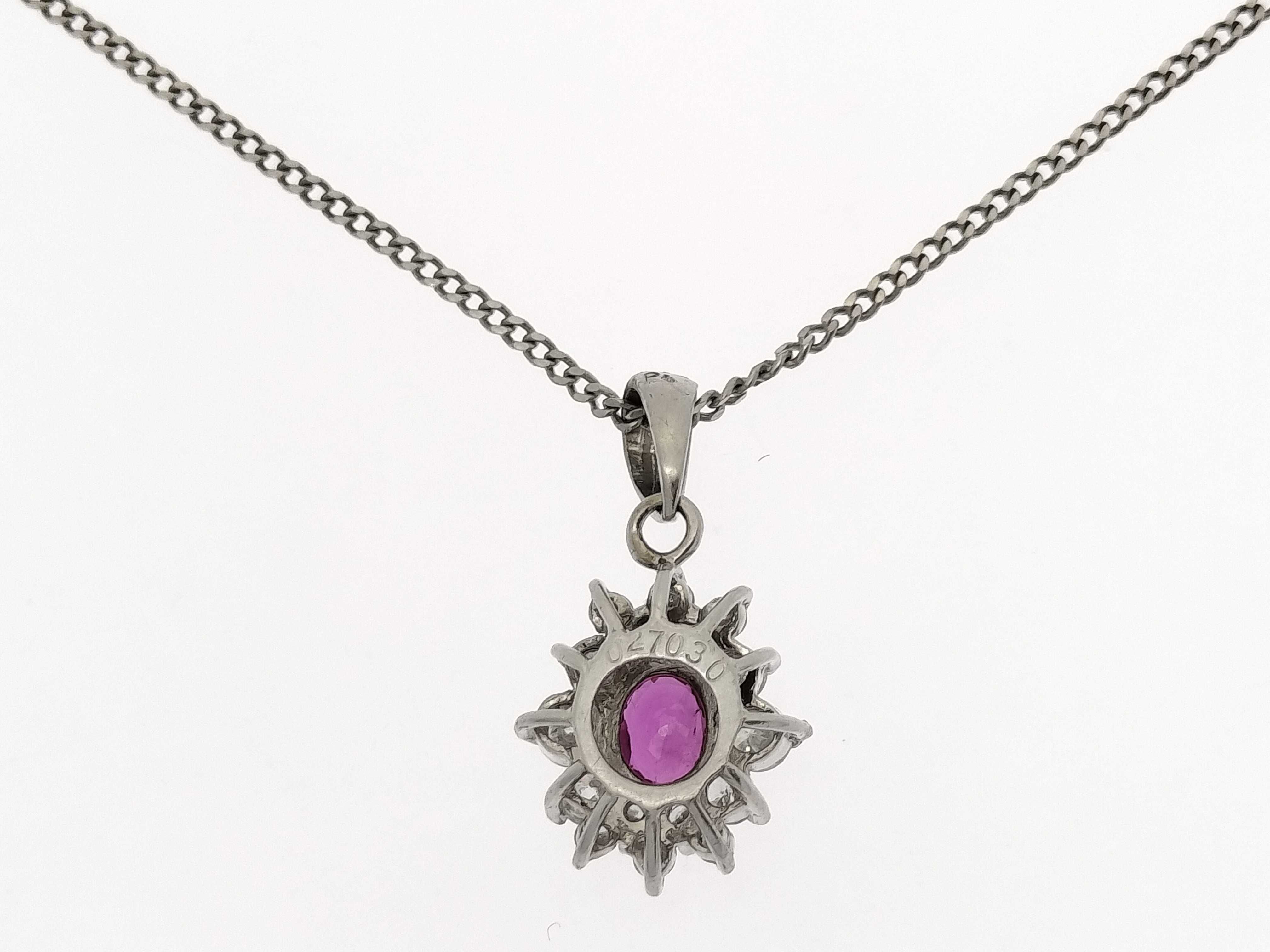 Platinum, Ruby, and Diamond Cluster Pendant Necklace