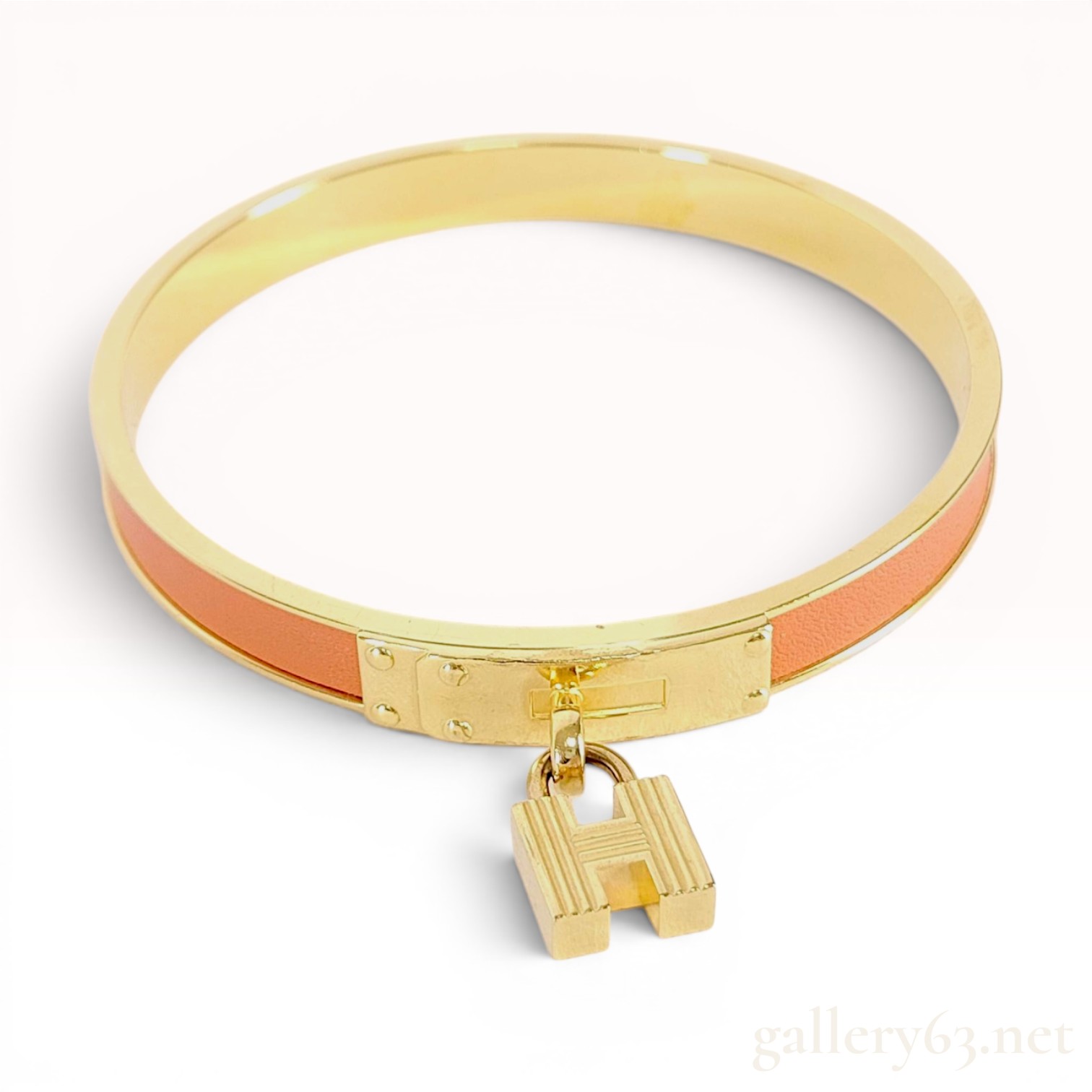 Hermes Kelly H Cadena Bangle with Orange Leather Inlay and Original Box