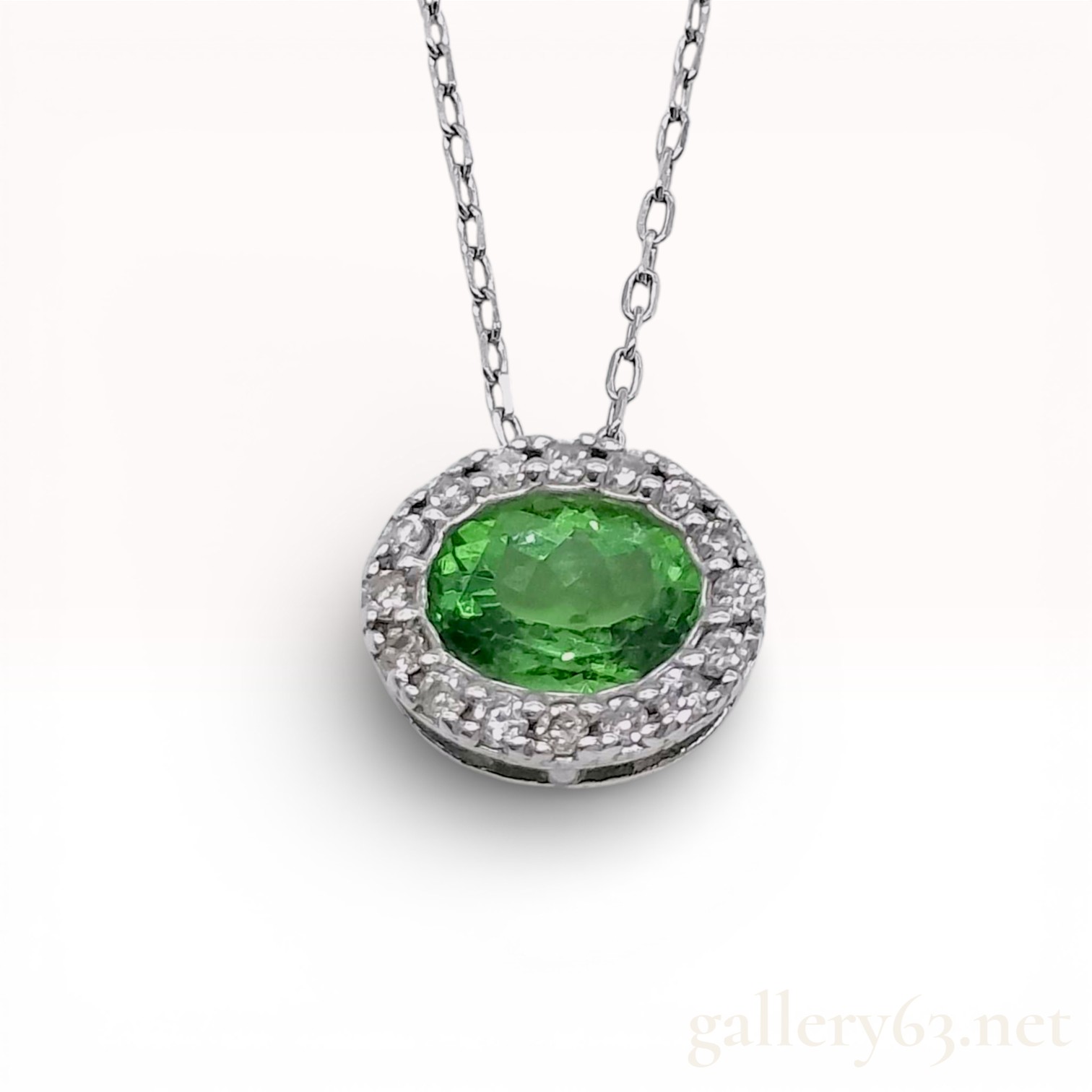 18K White Gold Cable Link Necklace with Demantoid Garnet and Diamond Halo Pendant