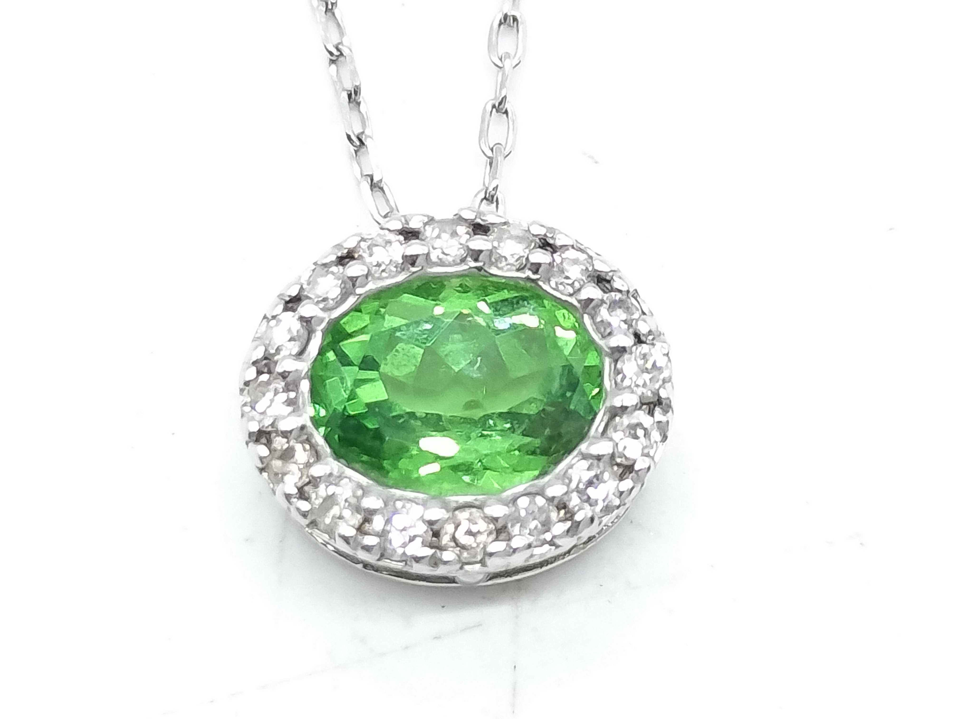 18K White Gold Cable Link Necklace with Demantoid Garnet and Diamond Halo Pendant