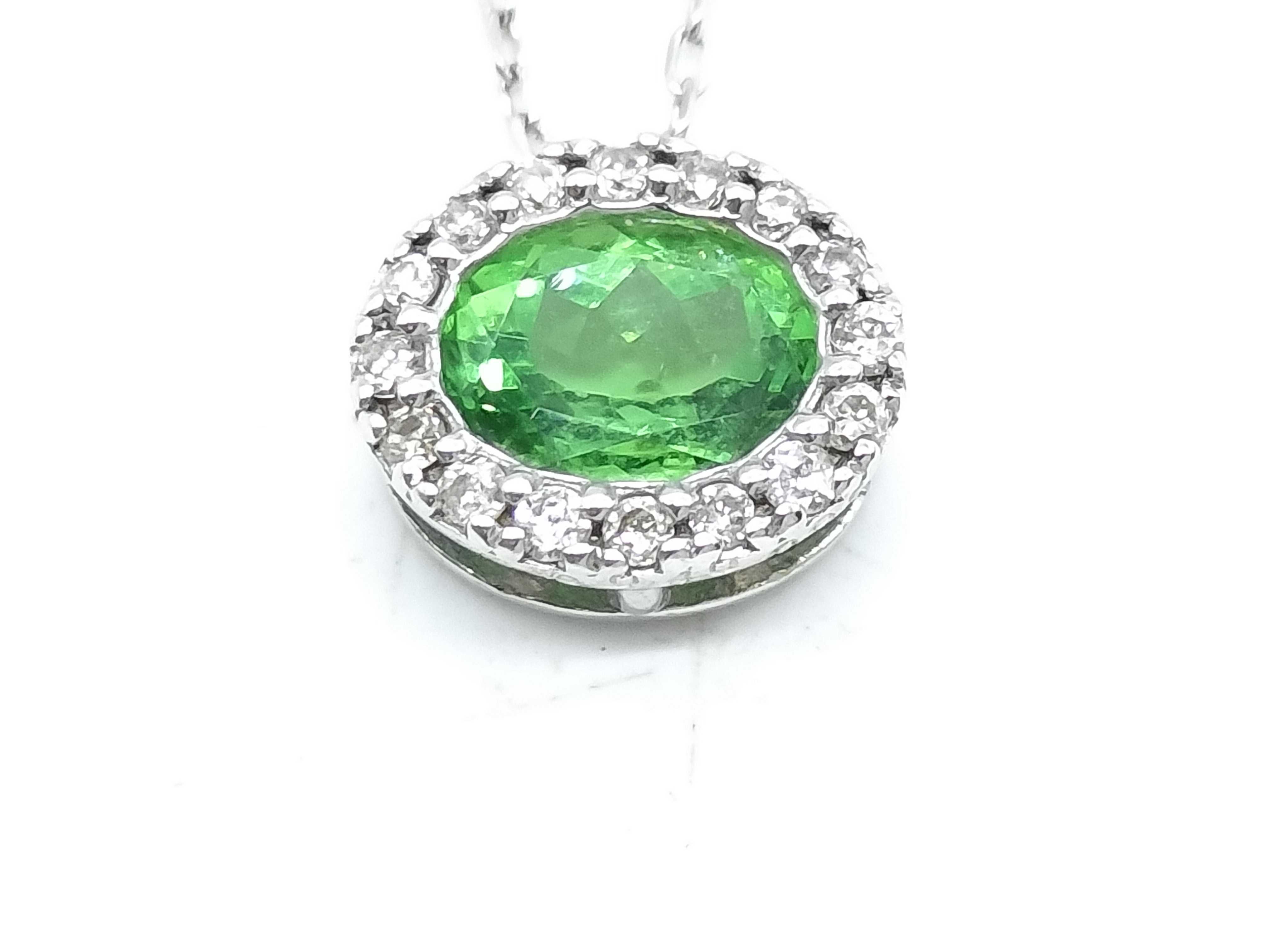 18K White Gold Cable Link Necklace with Demantoid Garnet and Diamond Halo Pendant