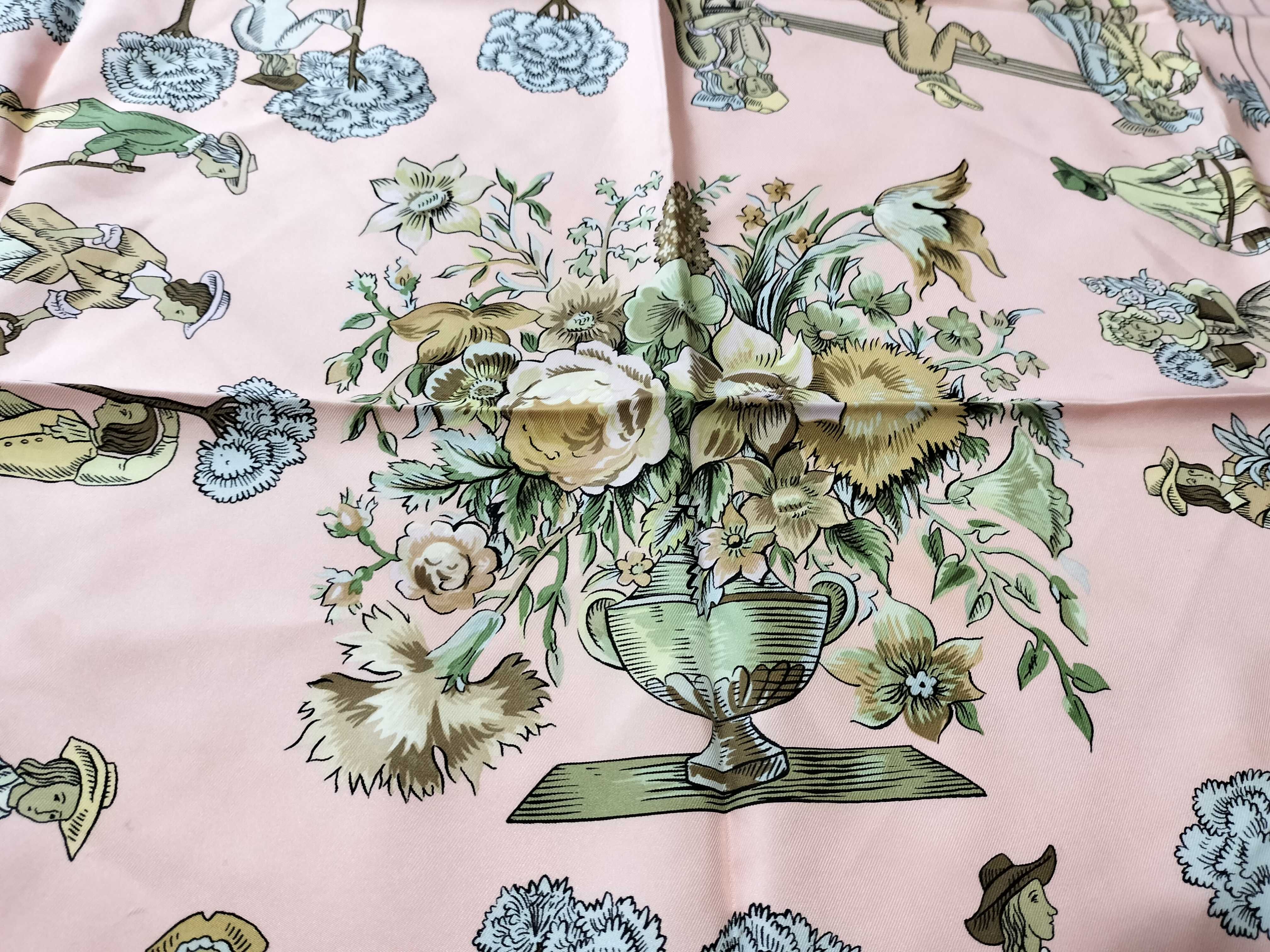 Hermès Les Jardiniers du Roy Silk Scarf in Pink and Light Blue