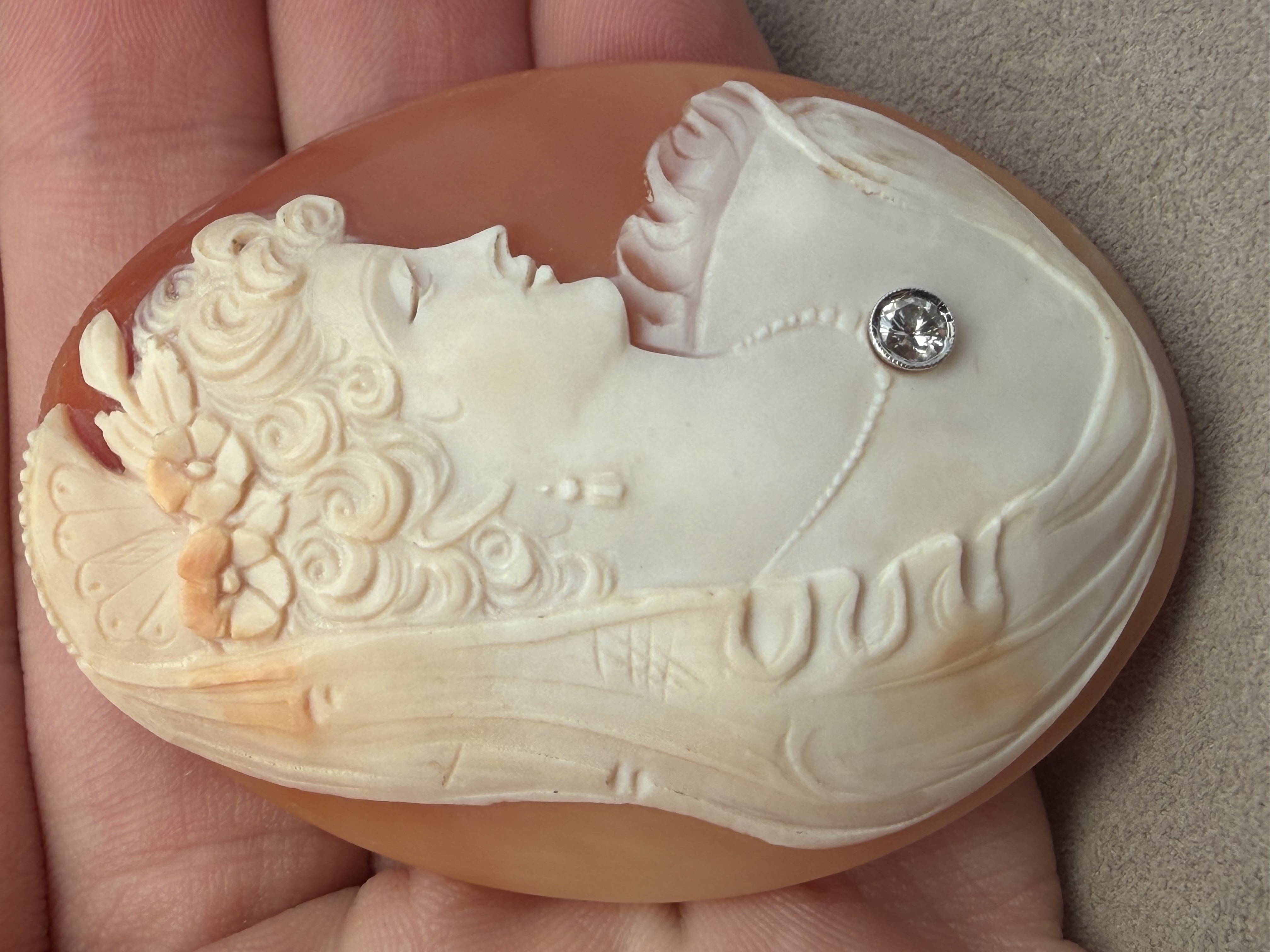 Estate Hand Carved Shell Diamond Cameo