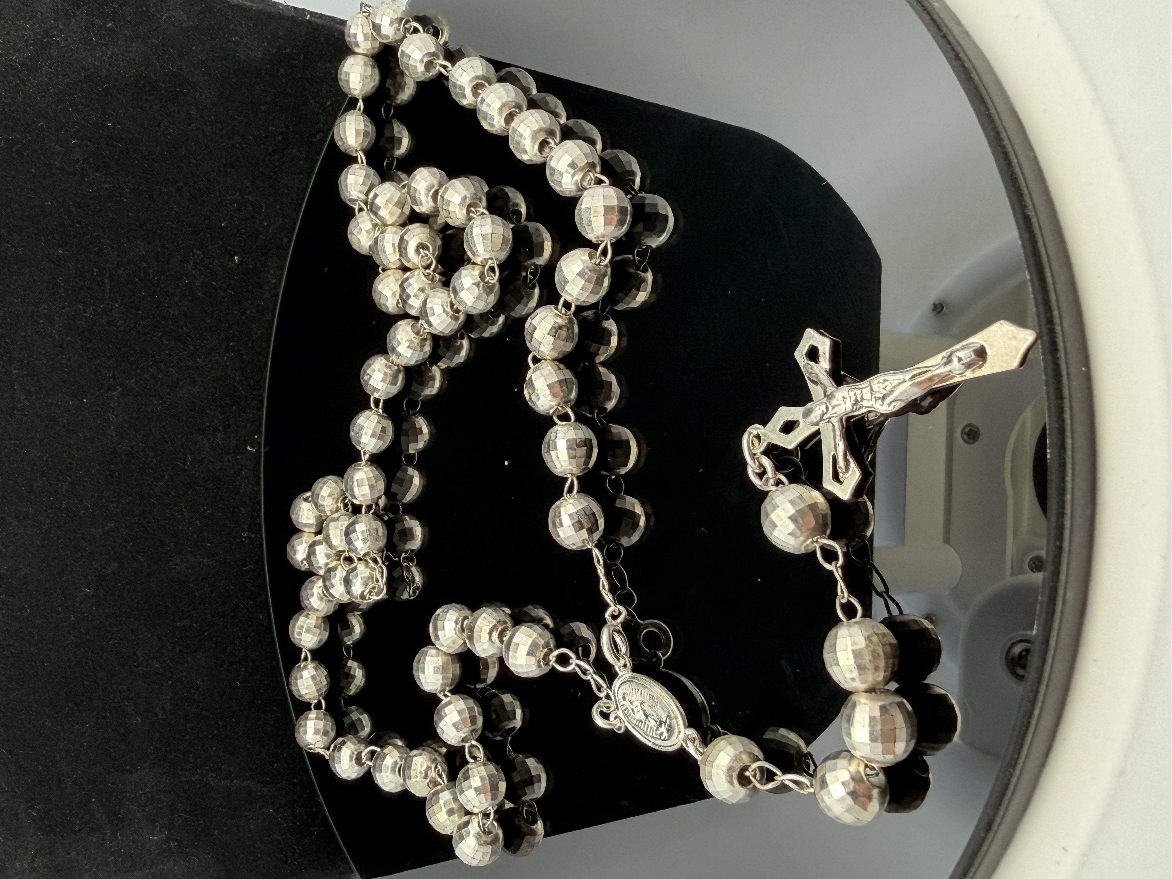 Estate Large Sterling Silver Rosary Necklace