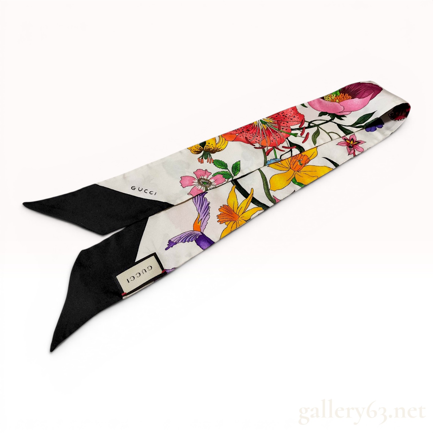 Gucci Flora Print Silk Twill Skinny Scarf with Presentation Box