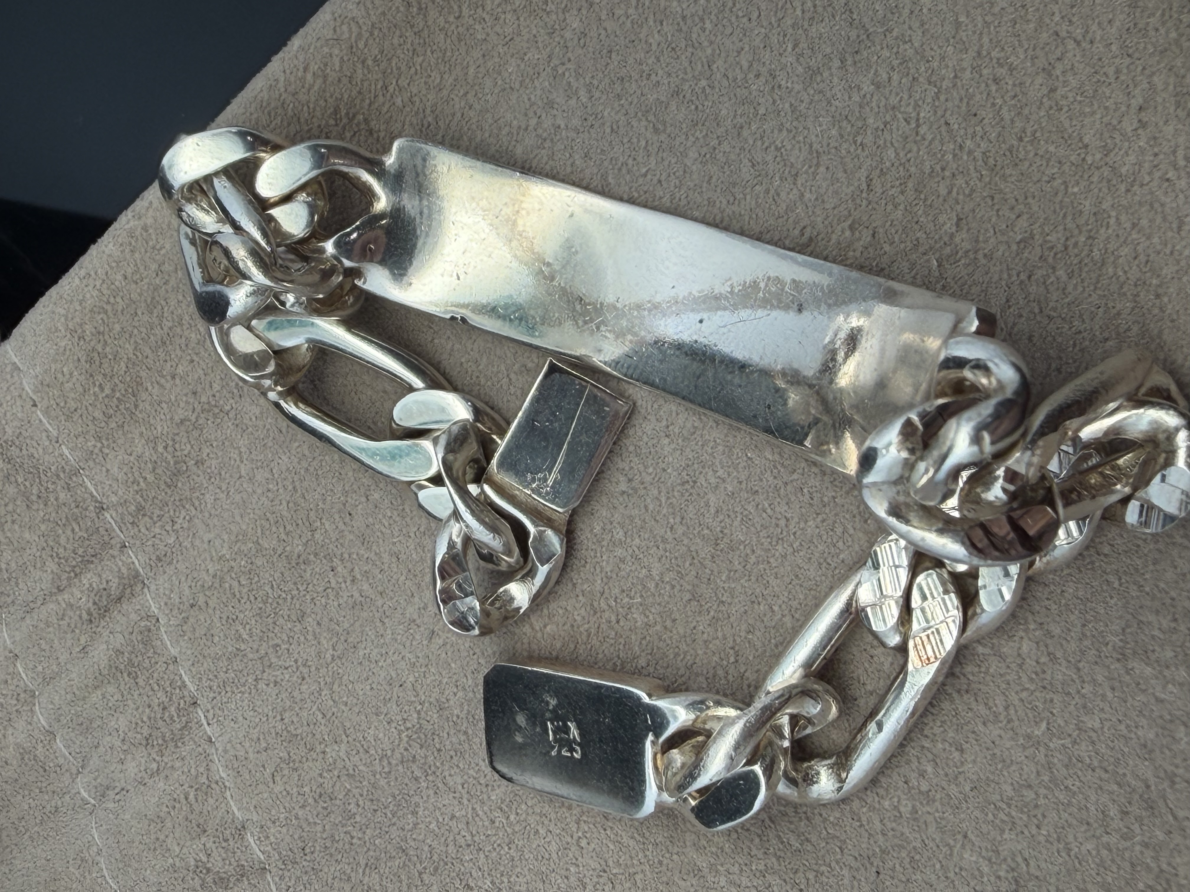 Sterling Silver Diamond Cut Figaro ID Bracelet Biker Jewelry