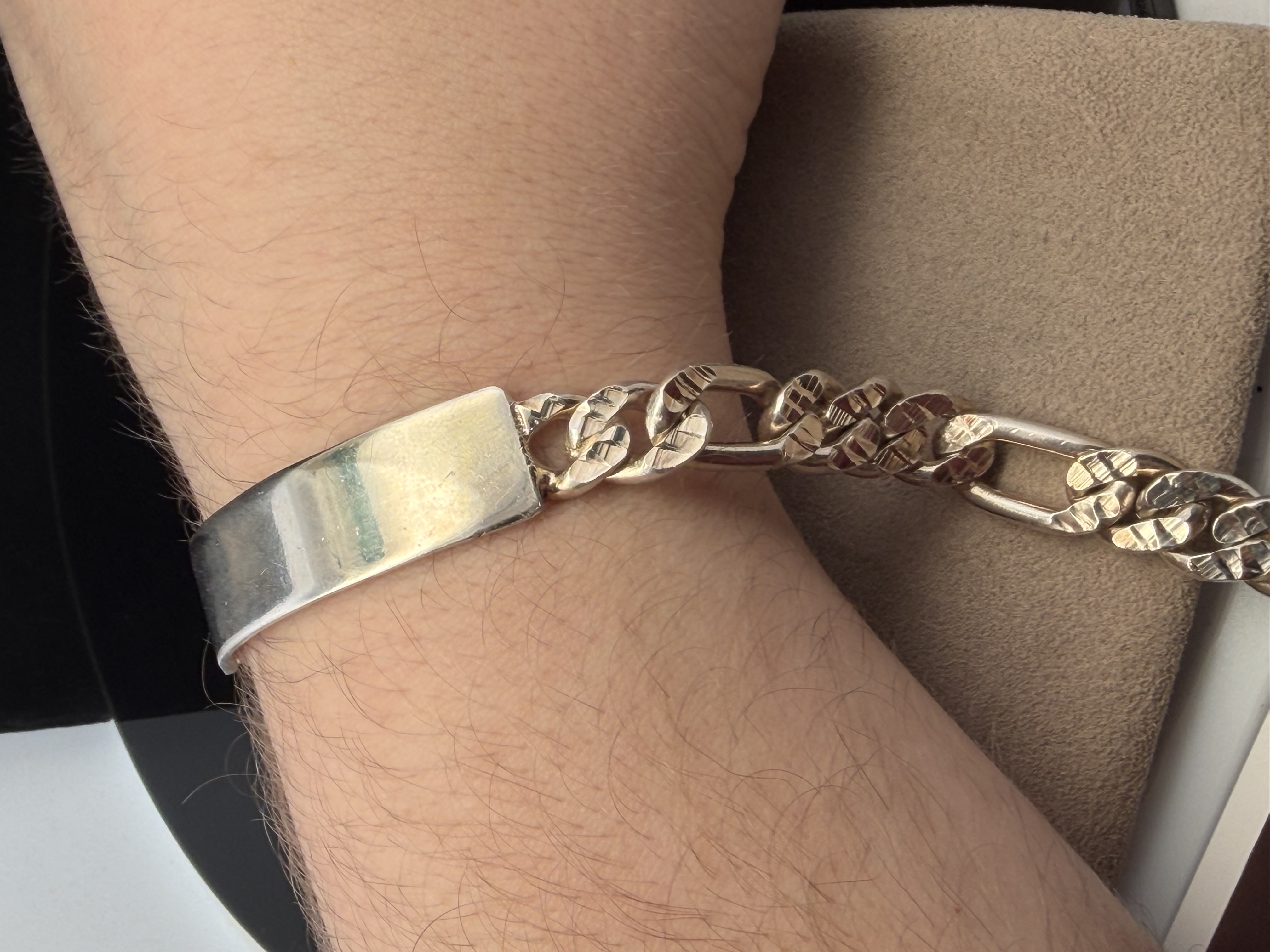 Sterling Silver Diamond Cut Figaro ID Bracelet Biker Jewelry