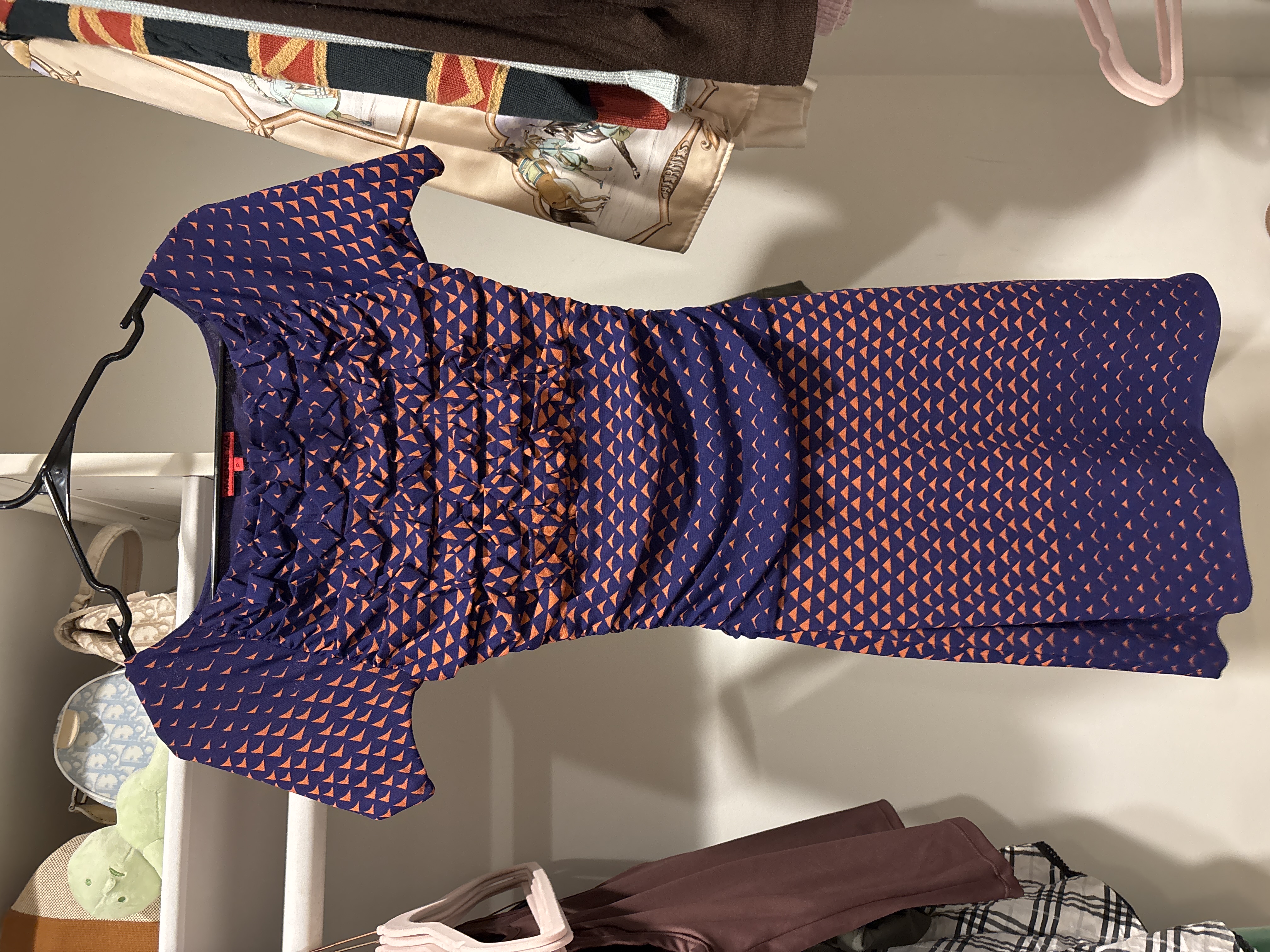 Vivienne Tam Petite Orange and Purple Geometric Print Ruched Mesh Dress