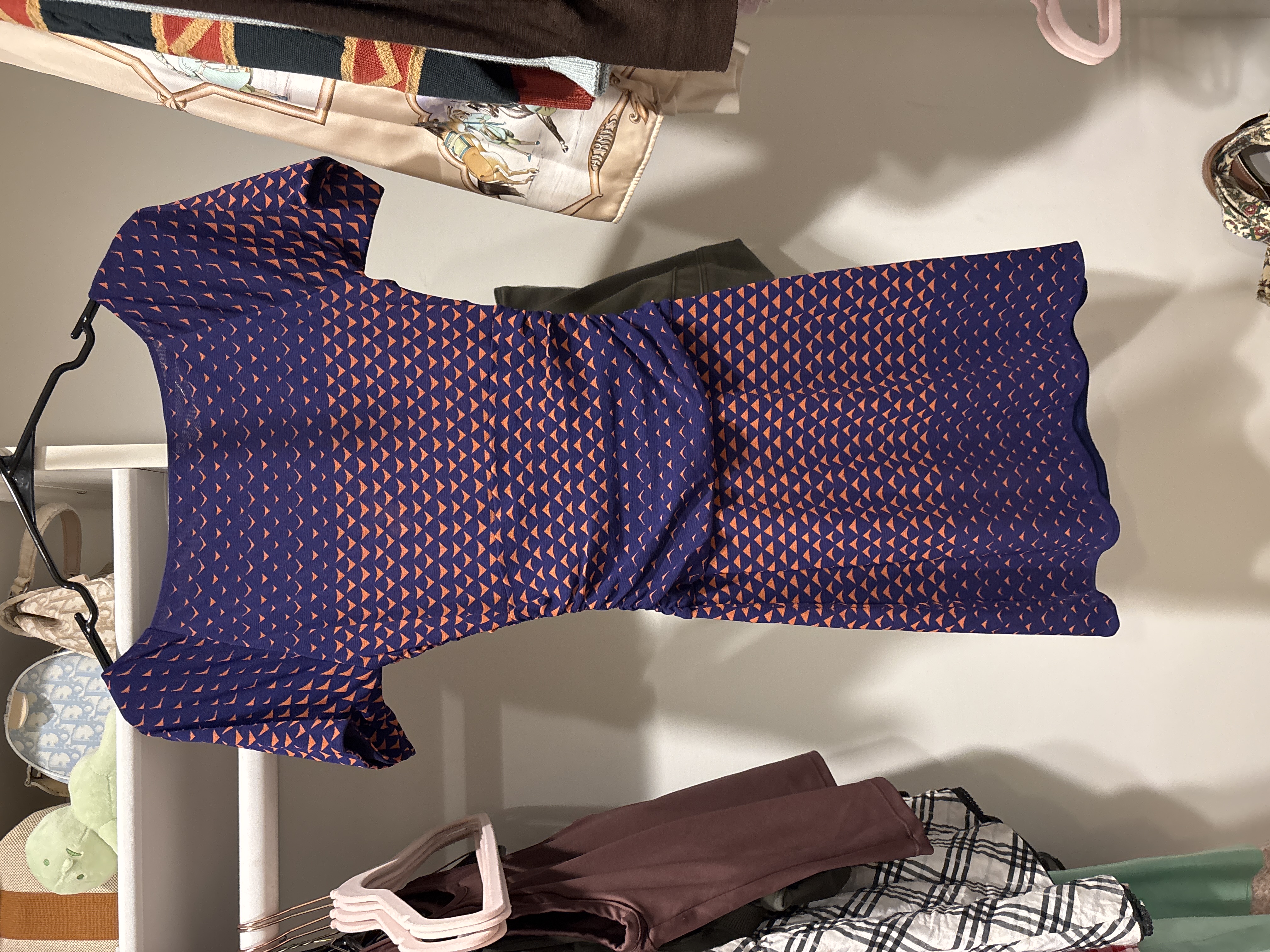 Vivienne Tam Petite Orange and Purple Geometric Print Ruched Mesh Dress
