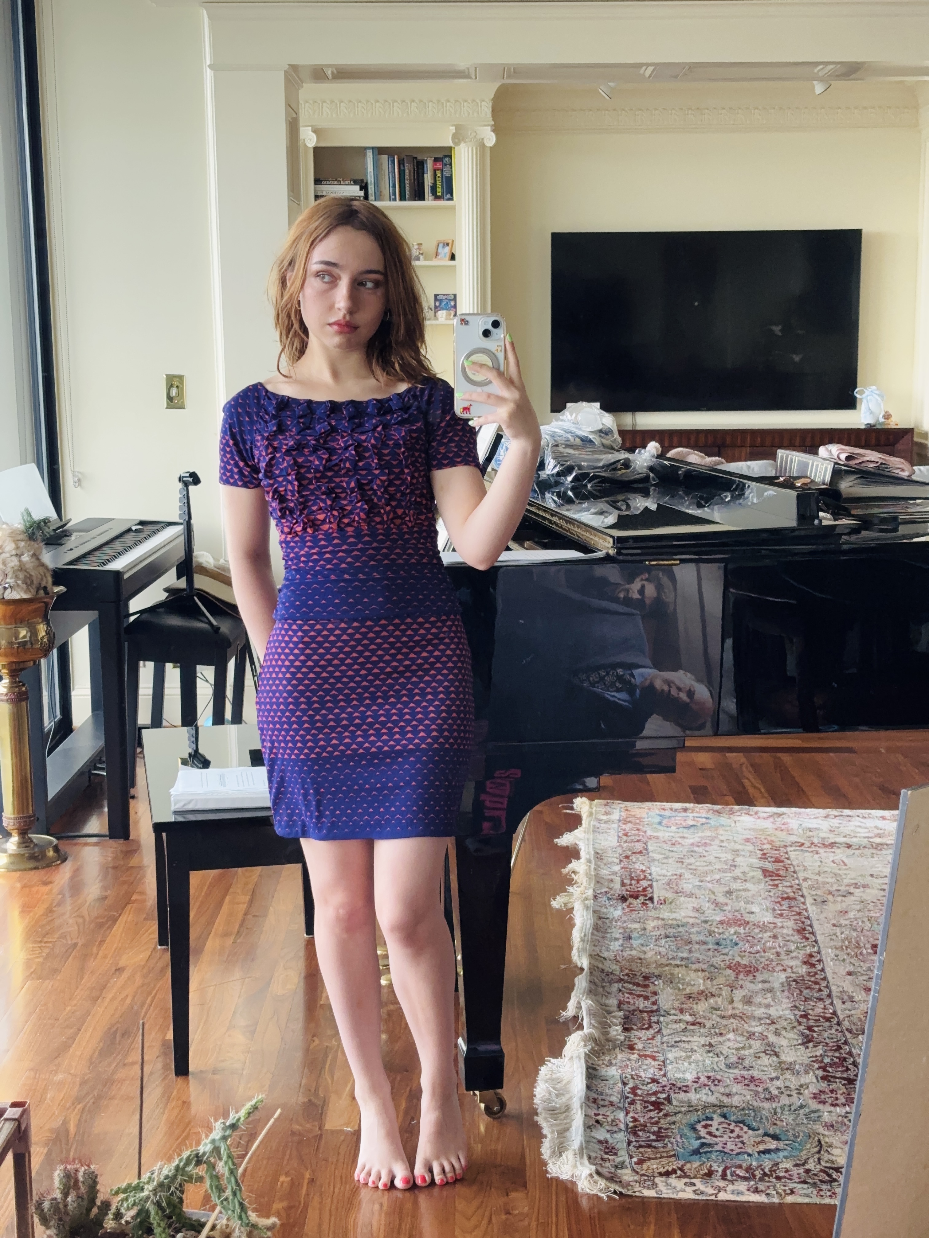 Vivienne Tam Petite Orange and Purple Geometric Print Ruched Mesh Dress