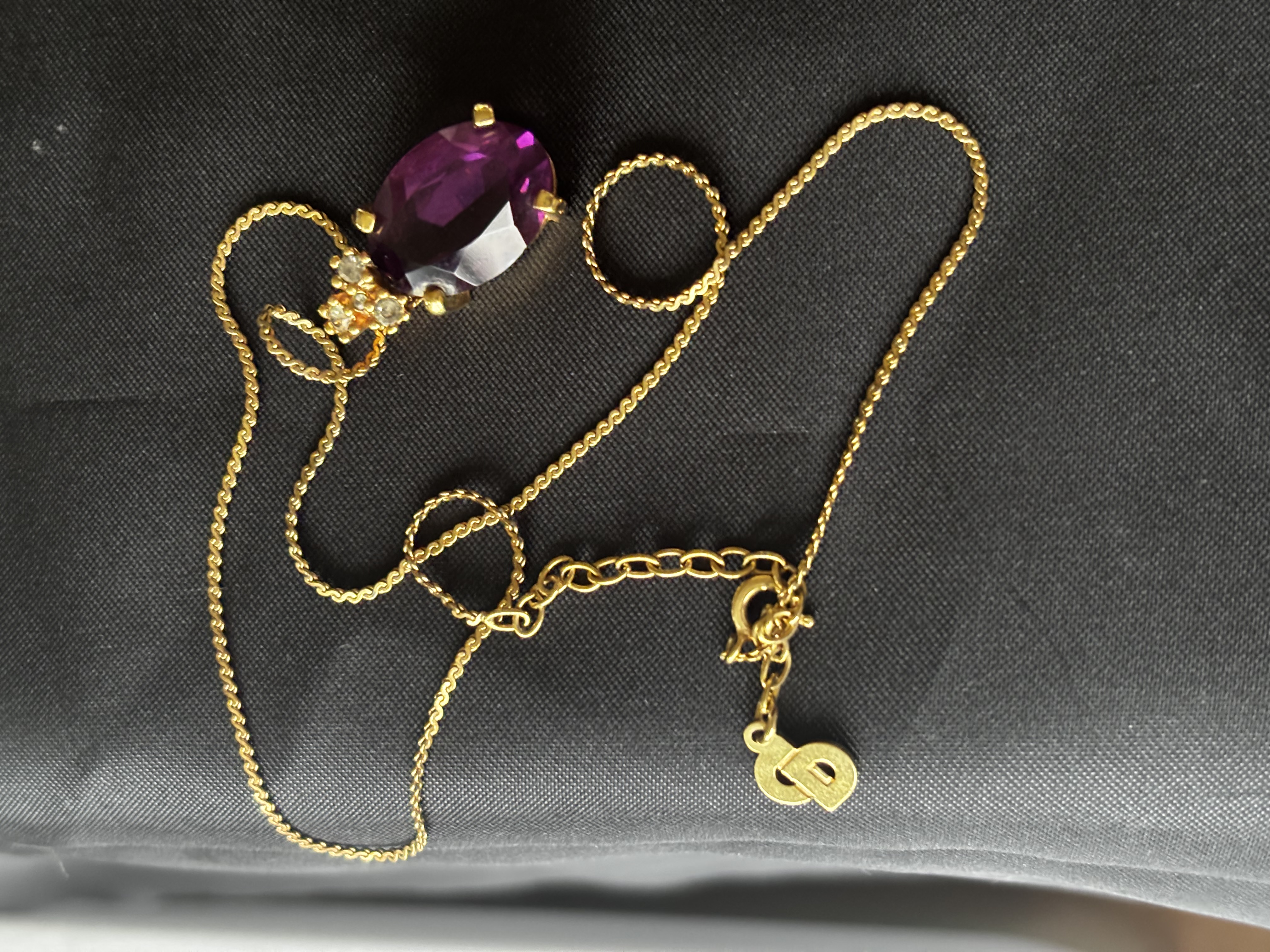 Christian Dior Vintage Gold Tone and Purple Crystal Pendant Necklace