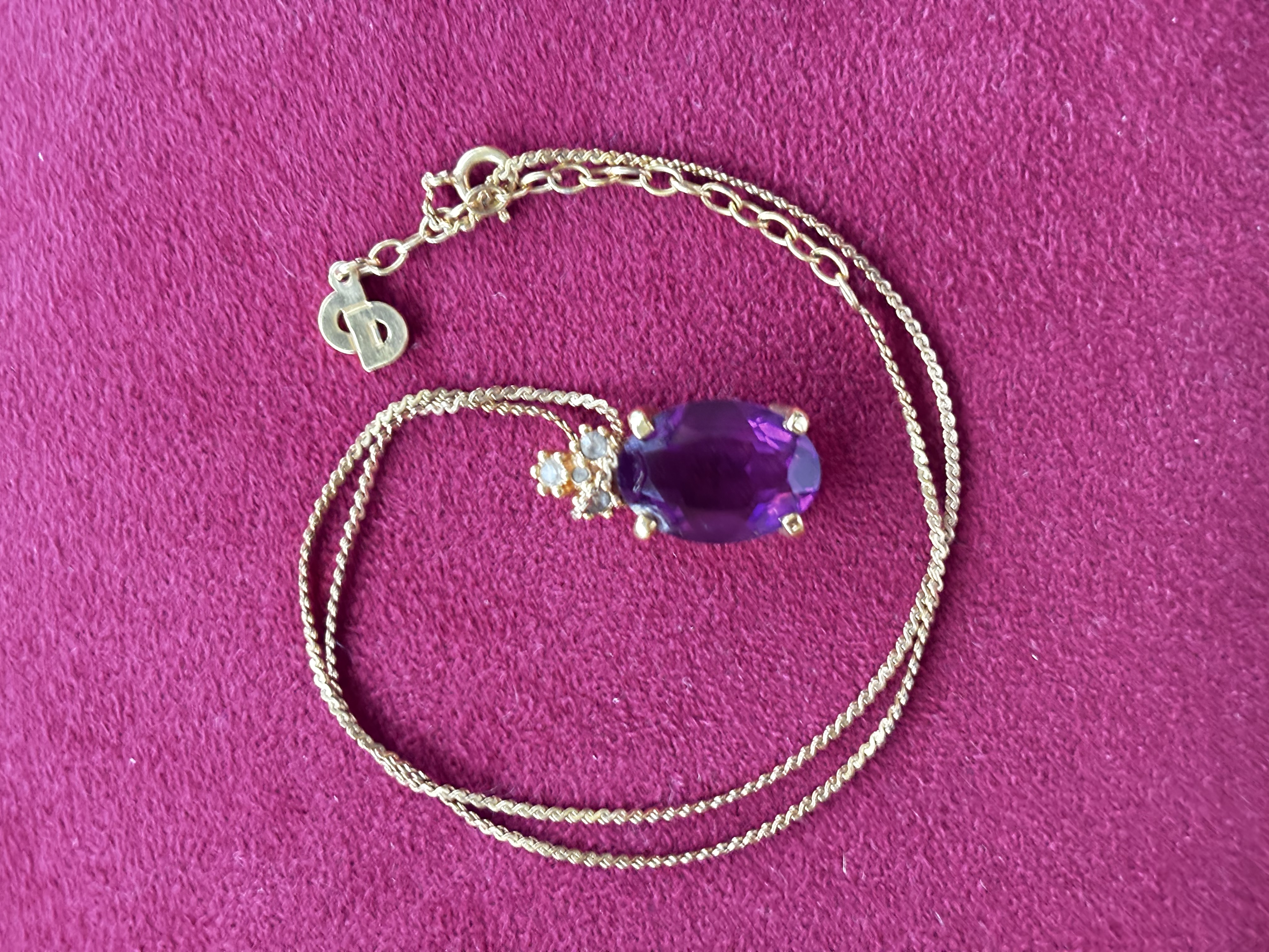 Christian Dior Vintage Gold Tone and Purple Crystal Pendant Necklace