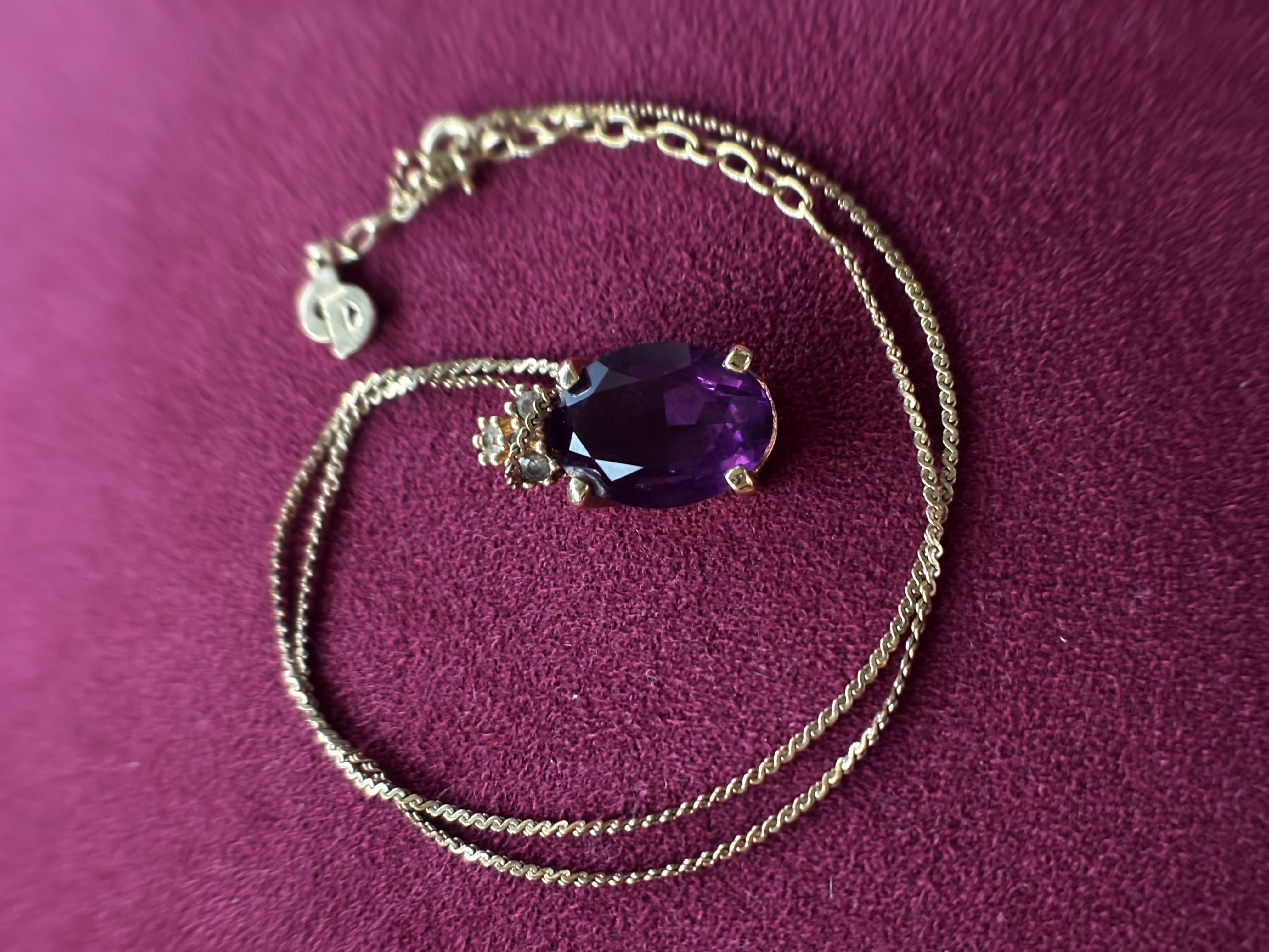 Christian Dior Vintage Gold Tone and Purple Crystal Pendant Necklace