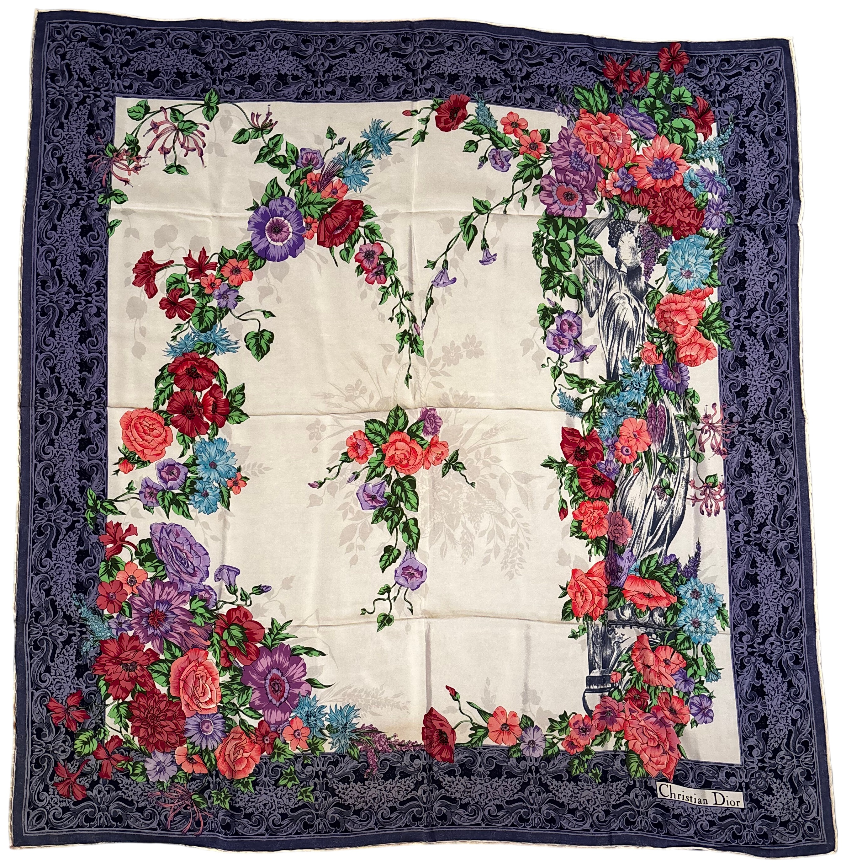 Christian Dior Vintage Large Floral and Baroque Motif Silk Scarf