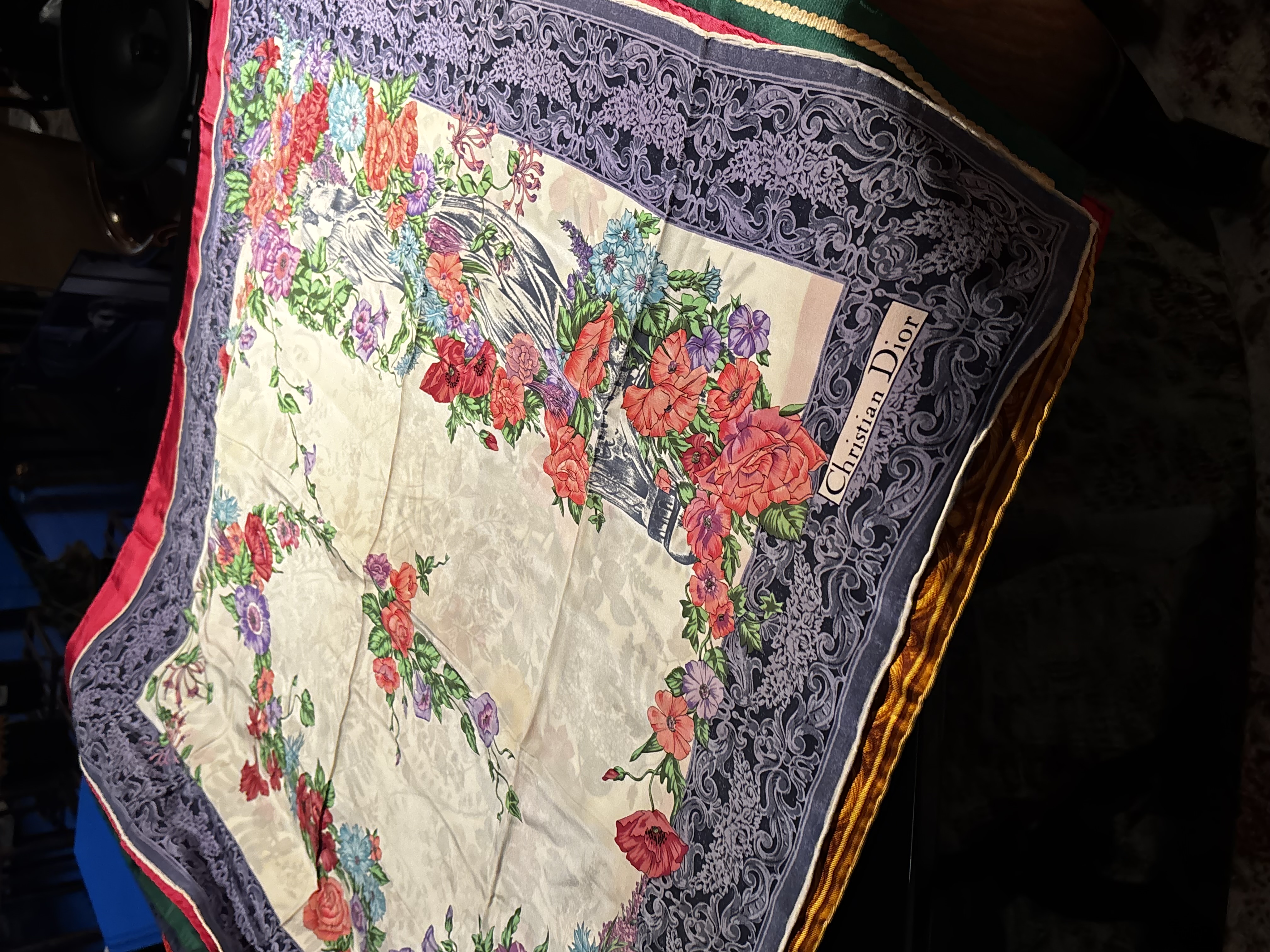 Christian Dior Vintage Large Floral and Baroque Motif Silk Scarf