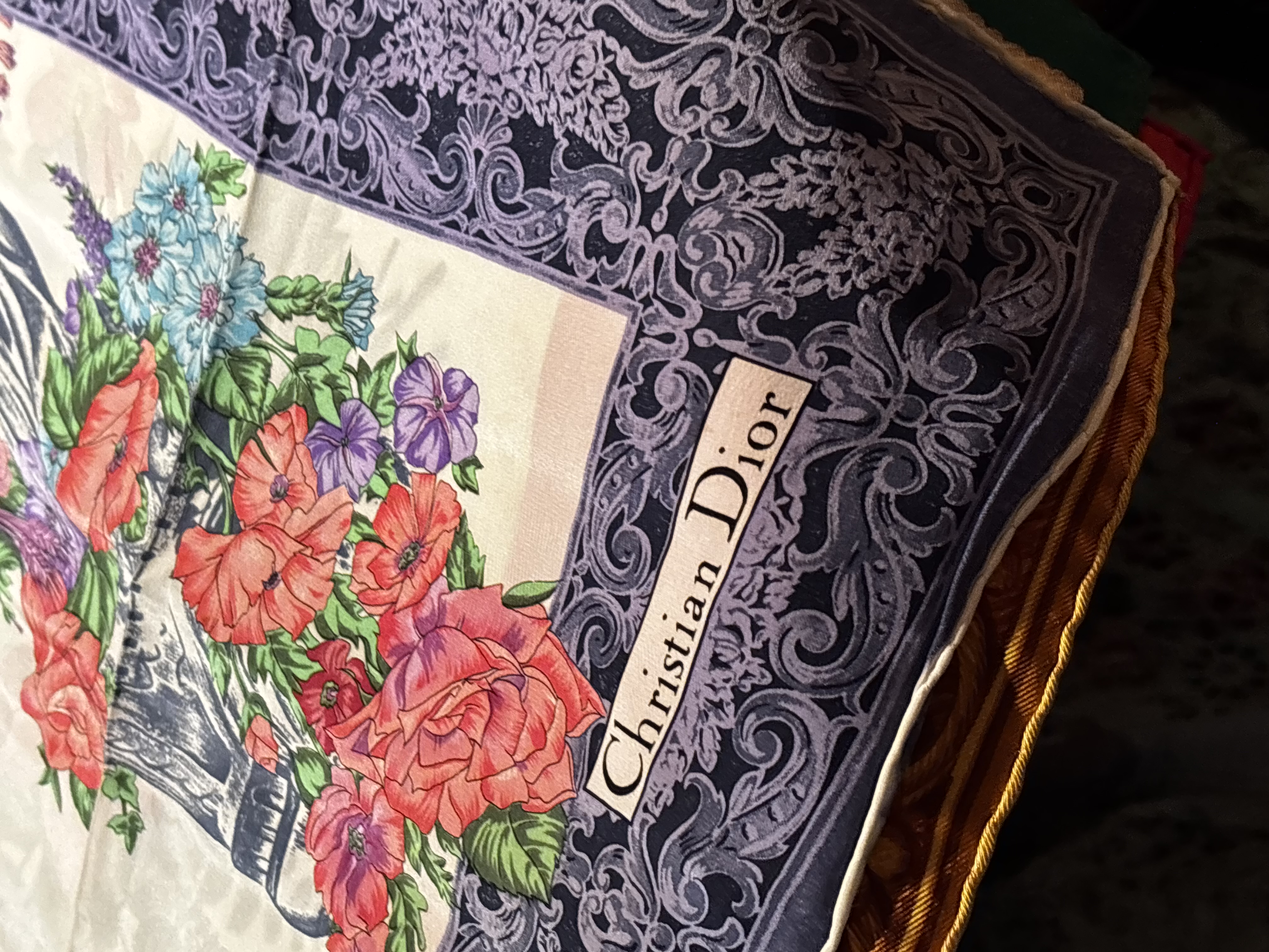 Christian Dior Vintage Large Floral and Baroque Motif Silk Scarf
