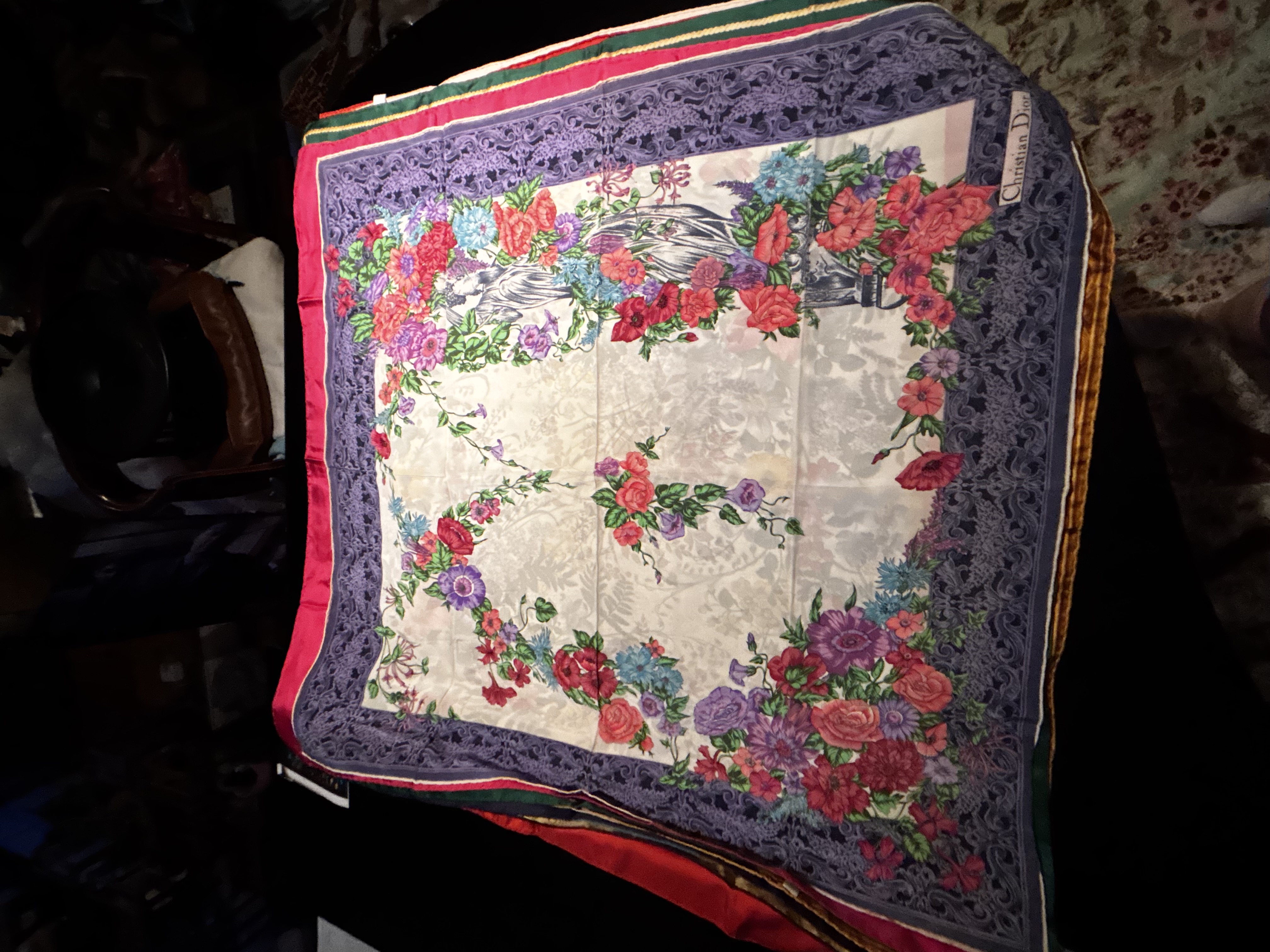 Christian Dior Vintage Large Floral and Baroque Motif Silk Scarf