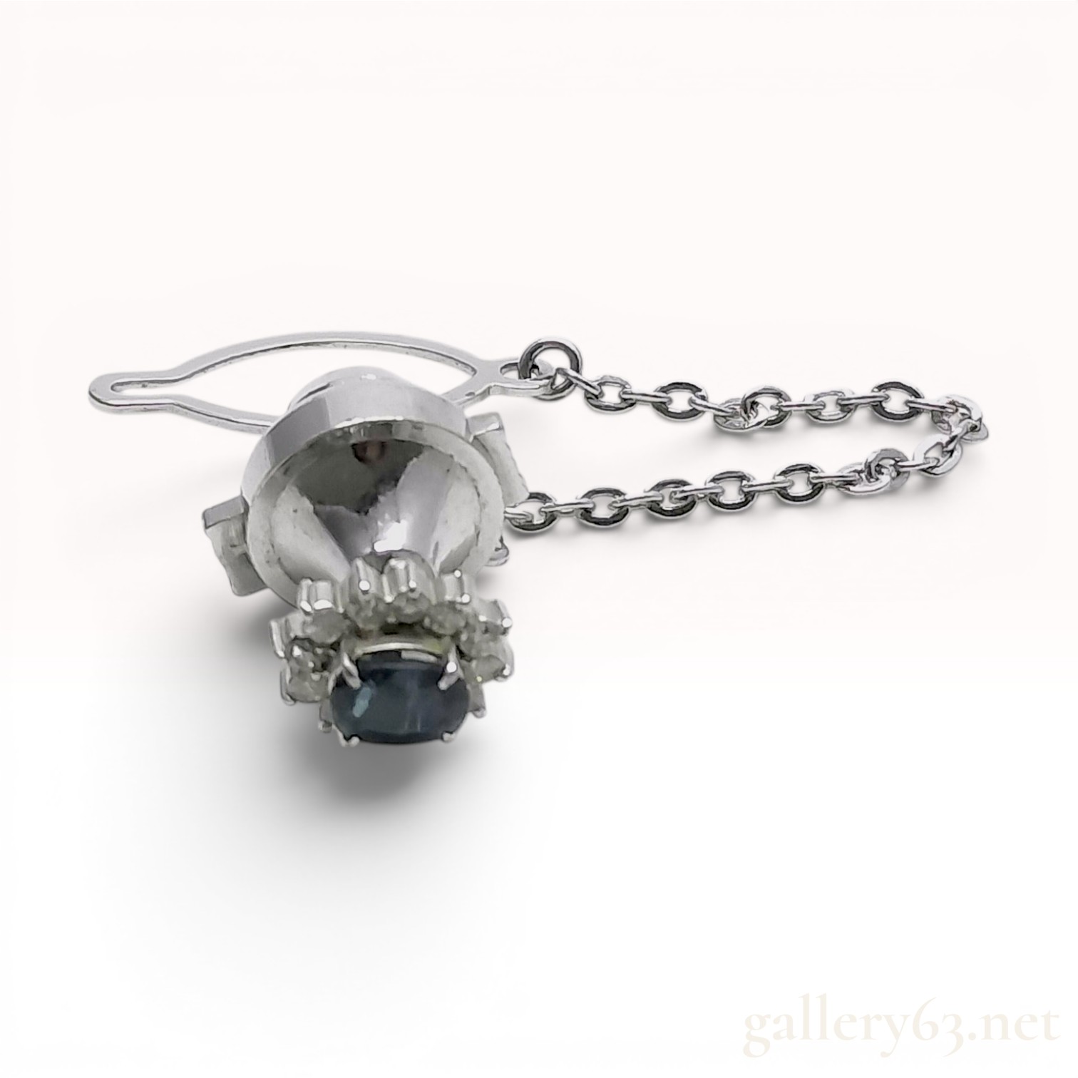 Platinum Sapphire and Diamond Halo Tie Tack with Safety Chain