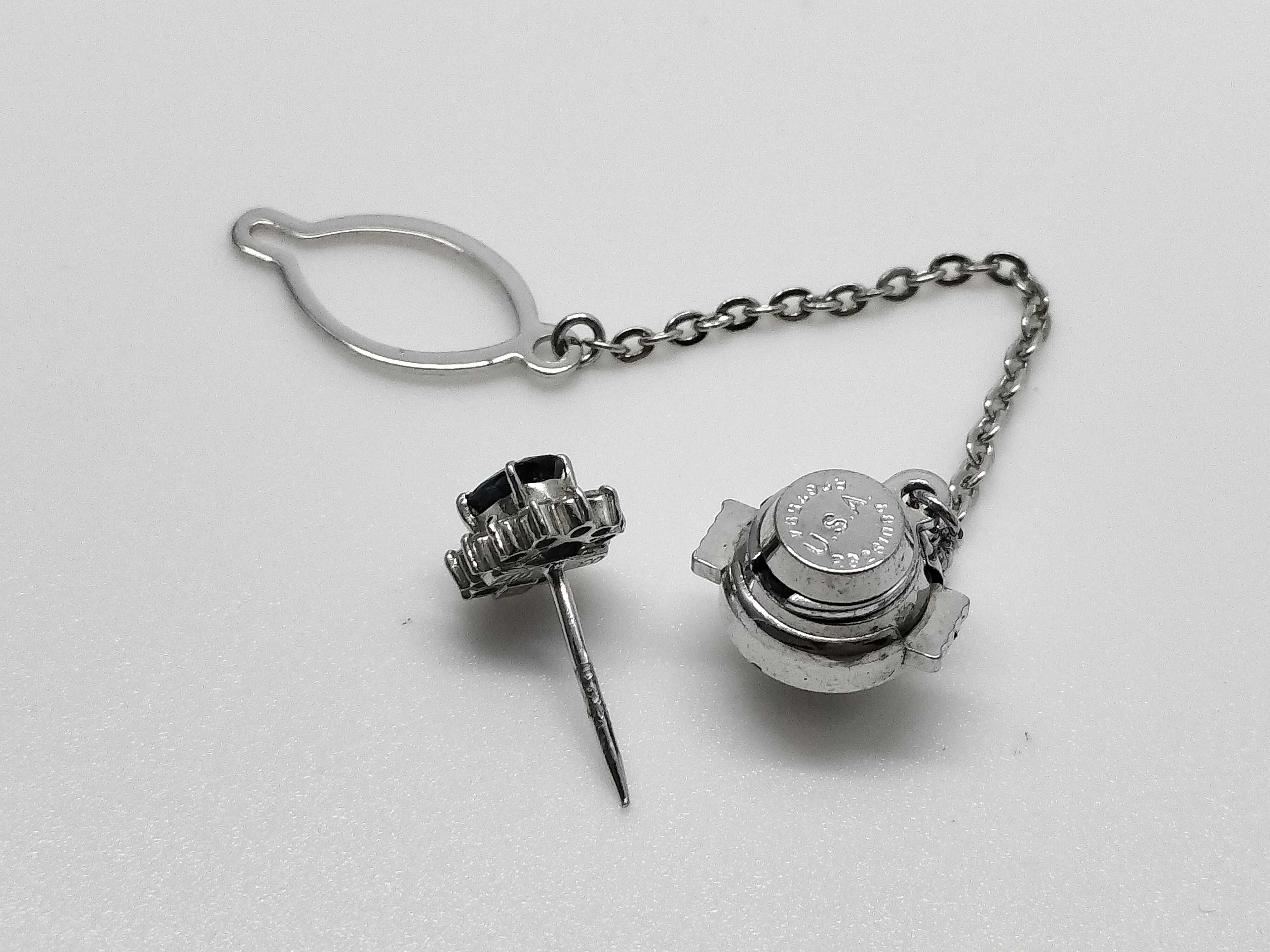 Platinum Sapphire and Diamond Halo Tie Tack with Safety Chain