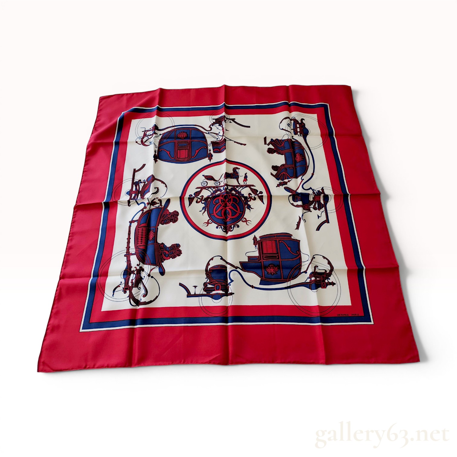 Hermès Red and Navy Silk Les Voitures a Transformation Scarf