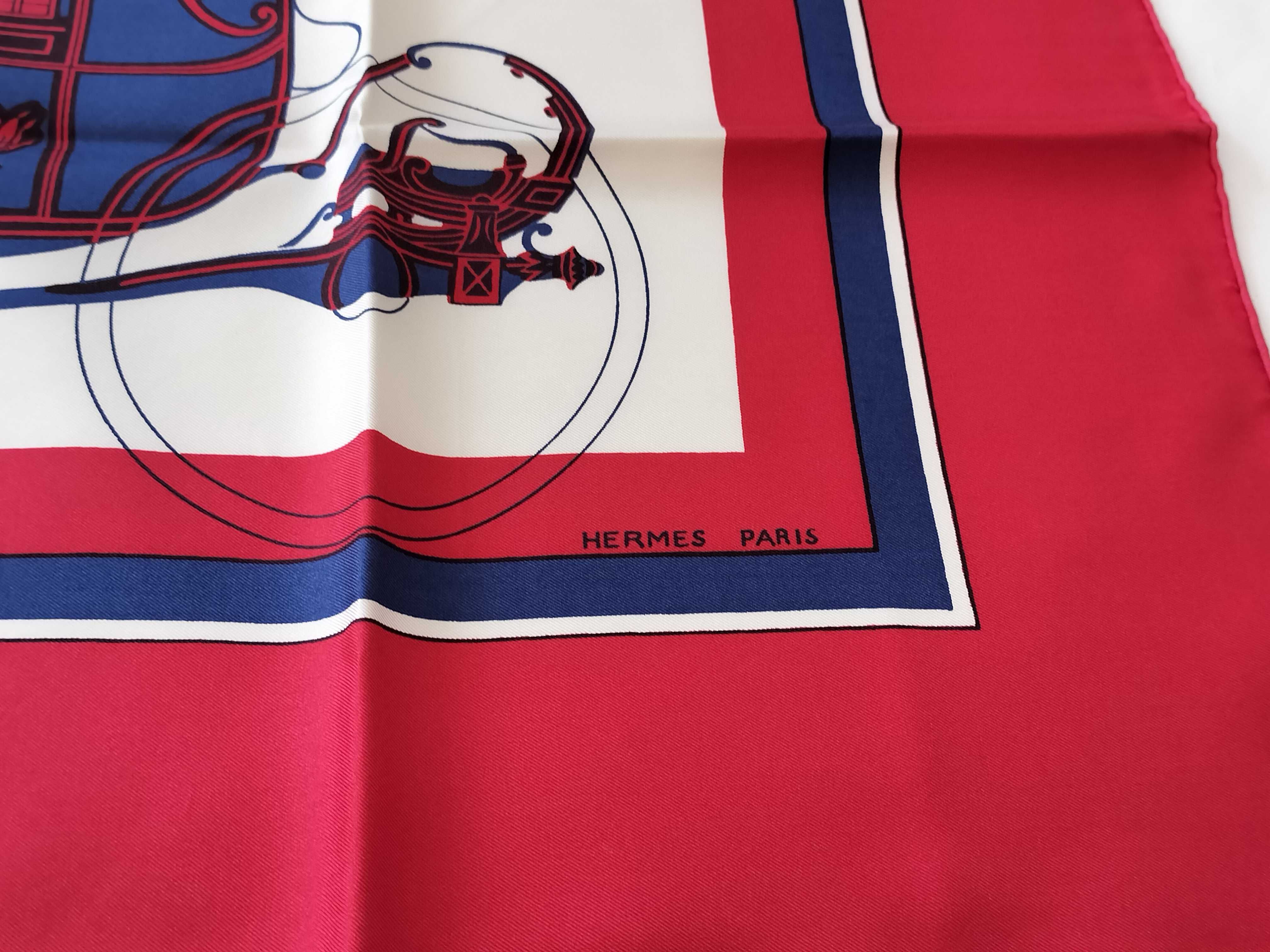 Hermès Red and Navy Silk Les Voitures a Transformation Scarf