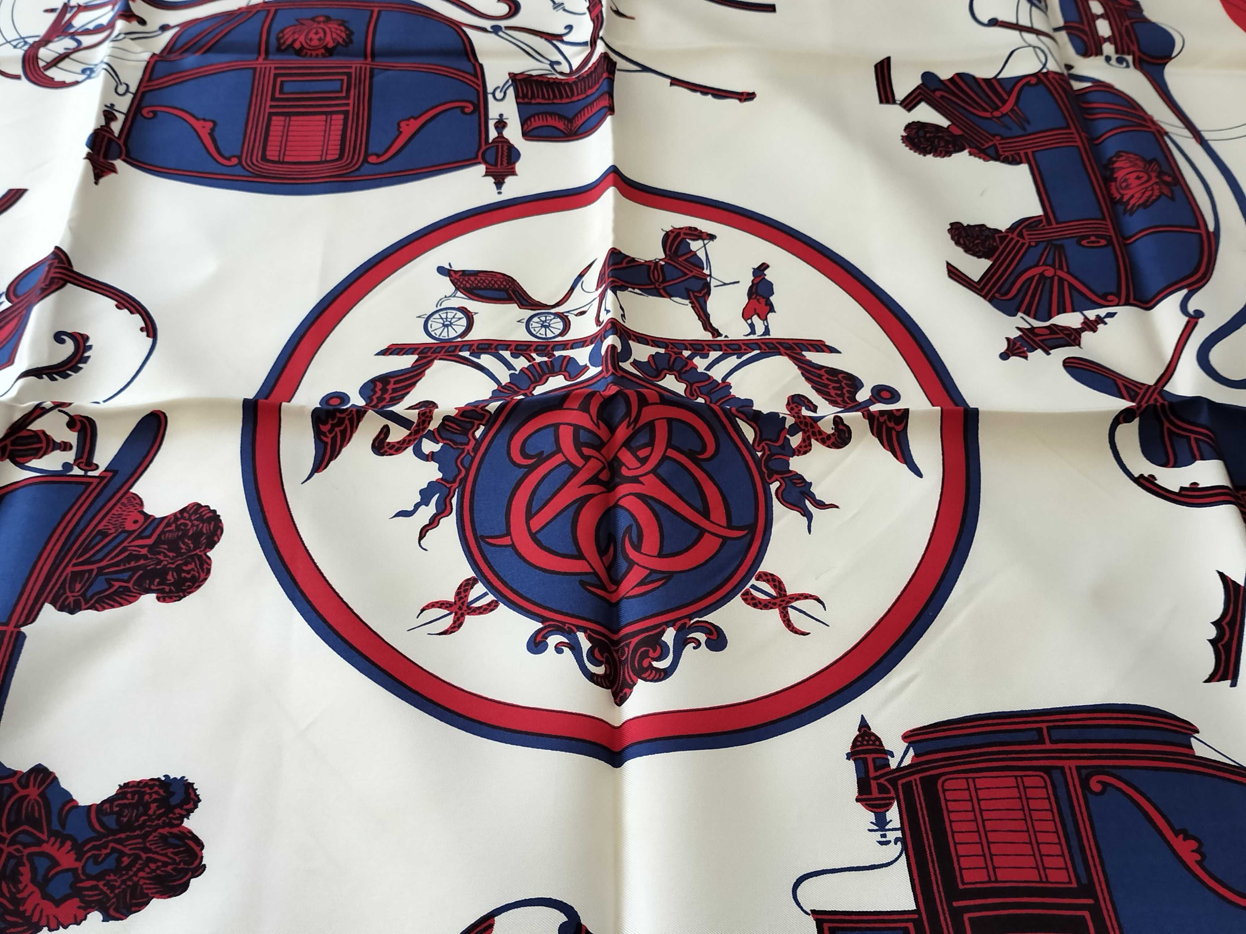 Hermès Red and Navy Silk Les Voitures a Transformation Scarf