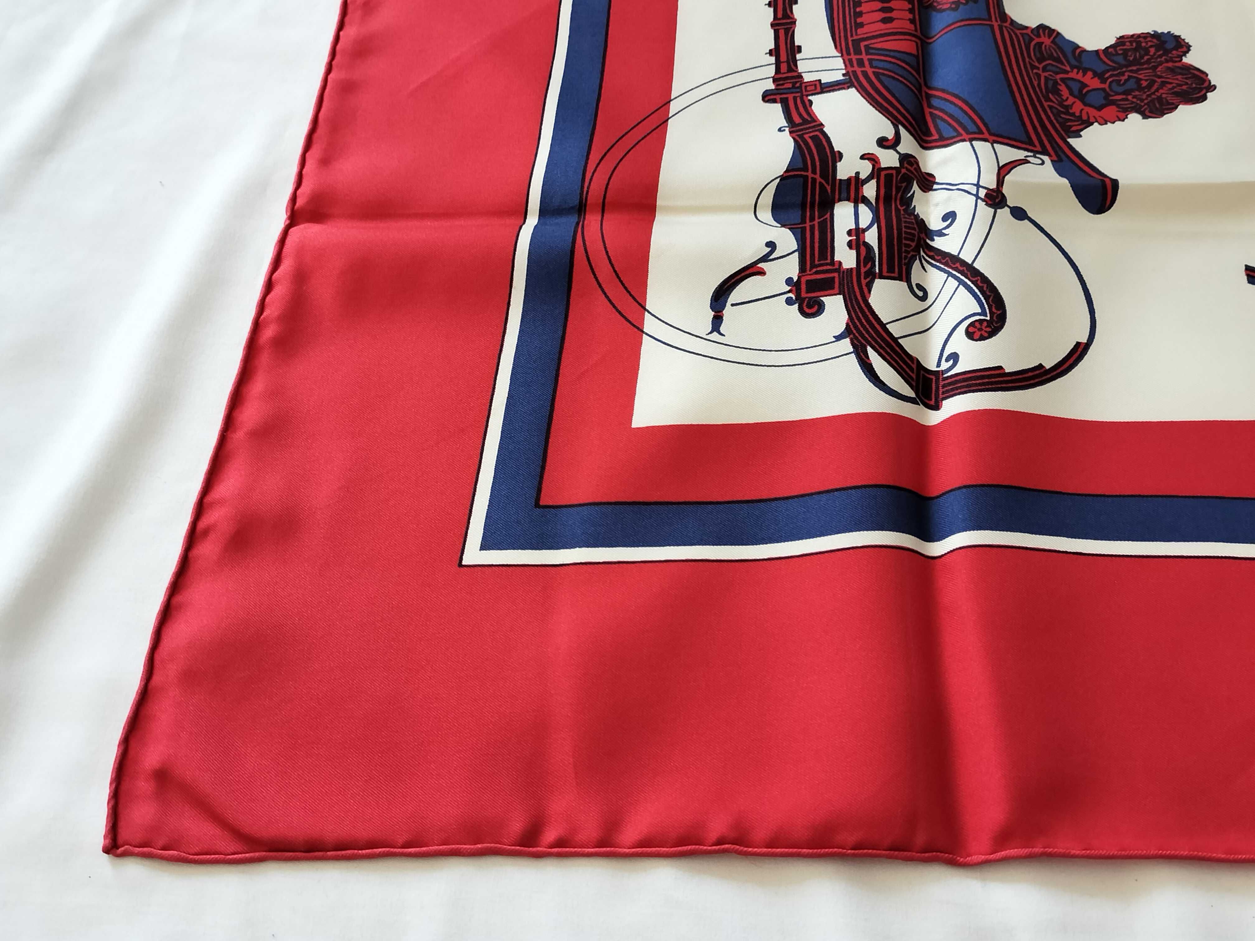 Hermès Red and Navy Silk Les Voitures a Transformation Scarf