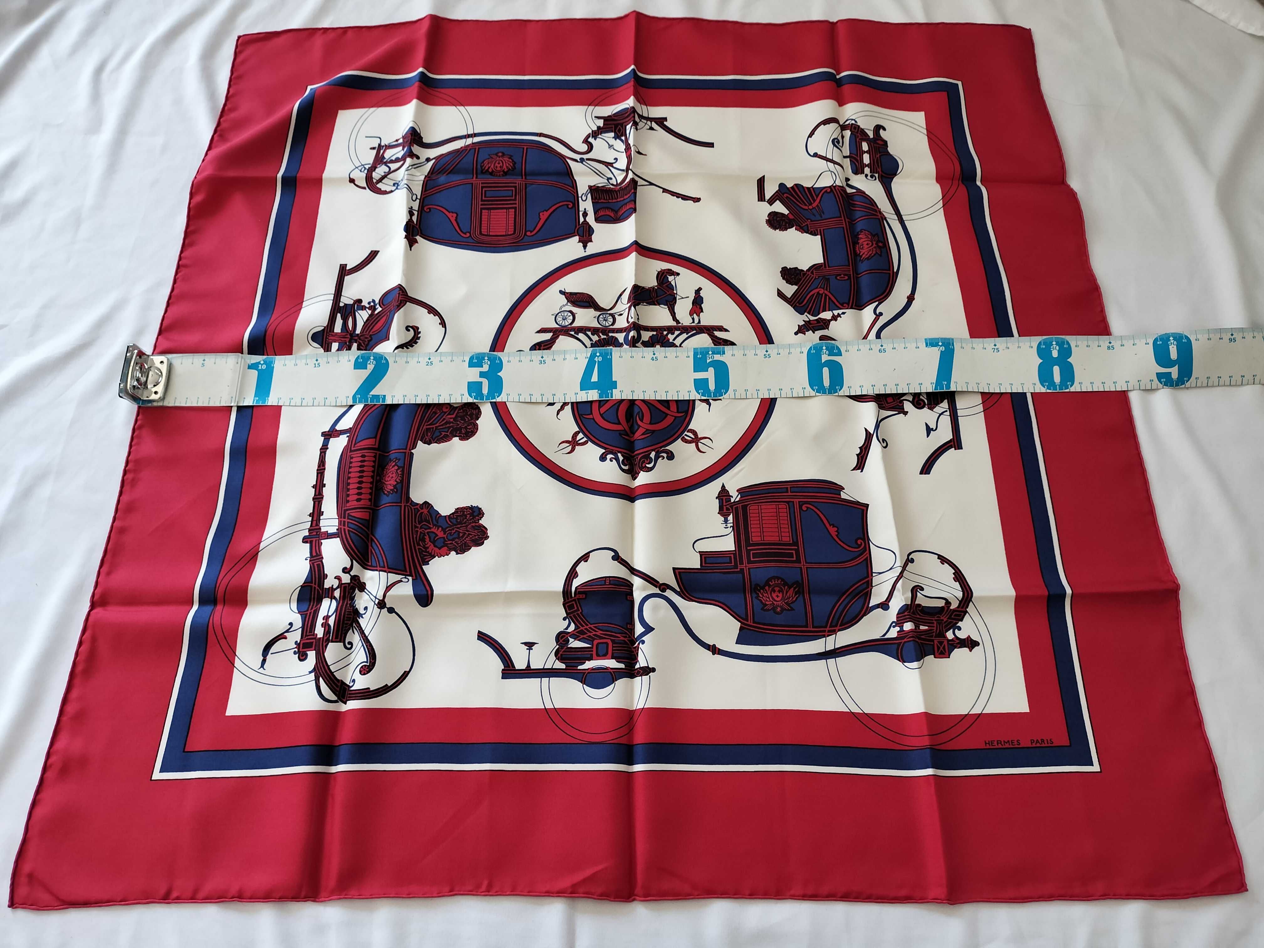 Hermès Red and Navy Silk Les Voitures a Transformation Scarf