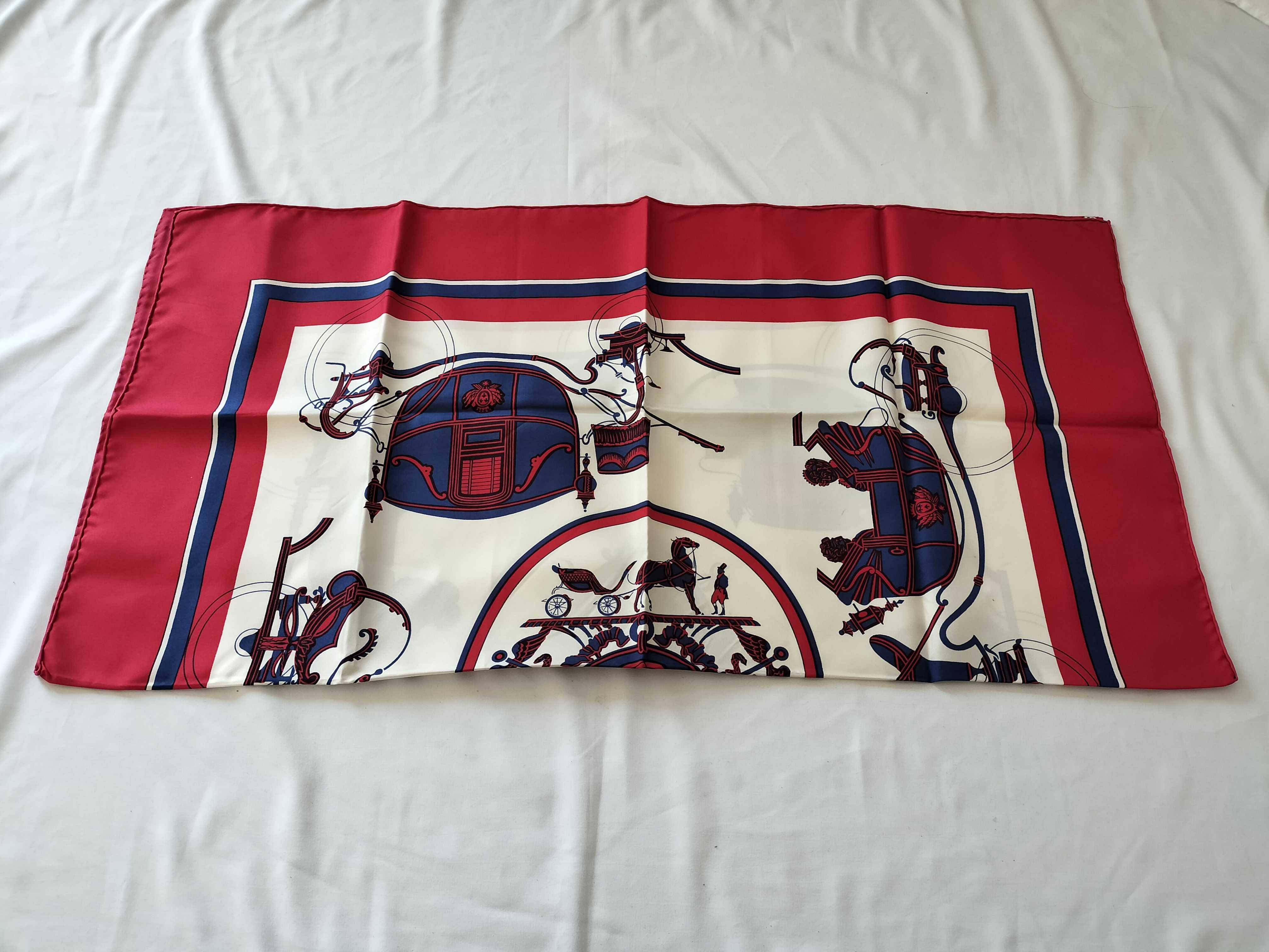 Hermès Red and Navy Silk Les Voitures a Transformation Scarf