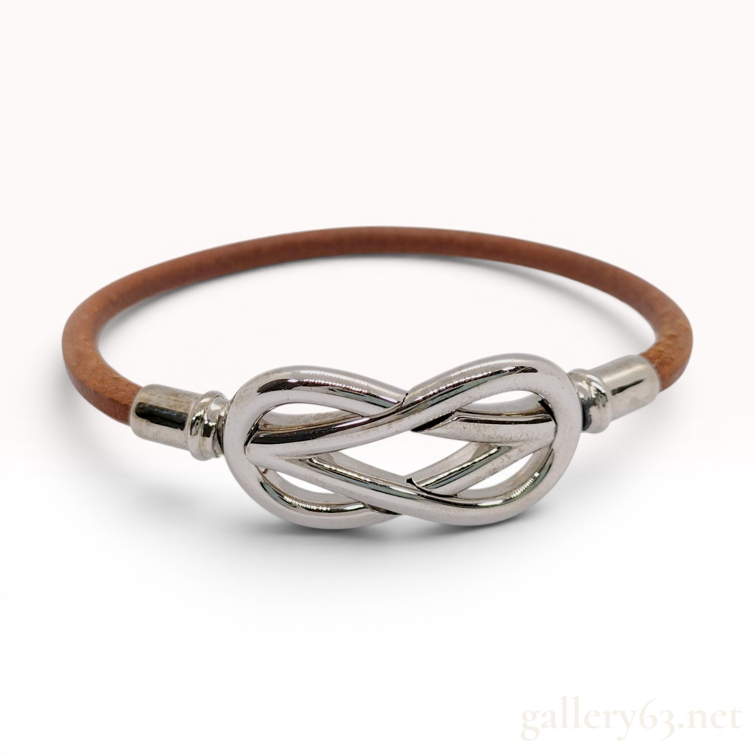 Hermes Atame Brown Leather and Palladium-Plated Metal Cord Bracelet
