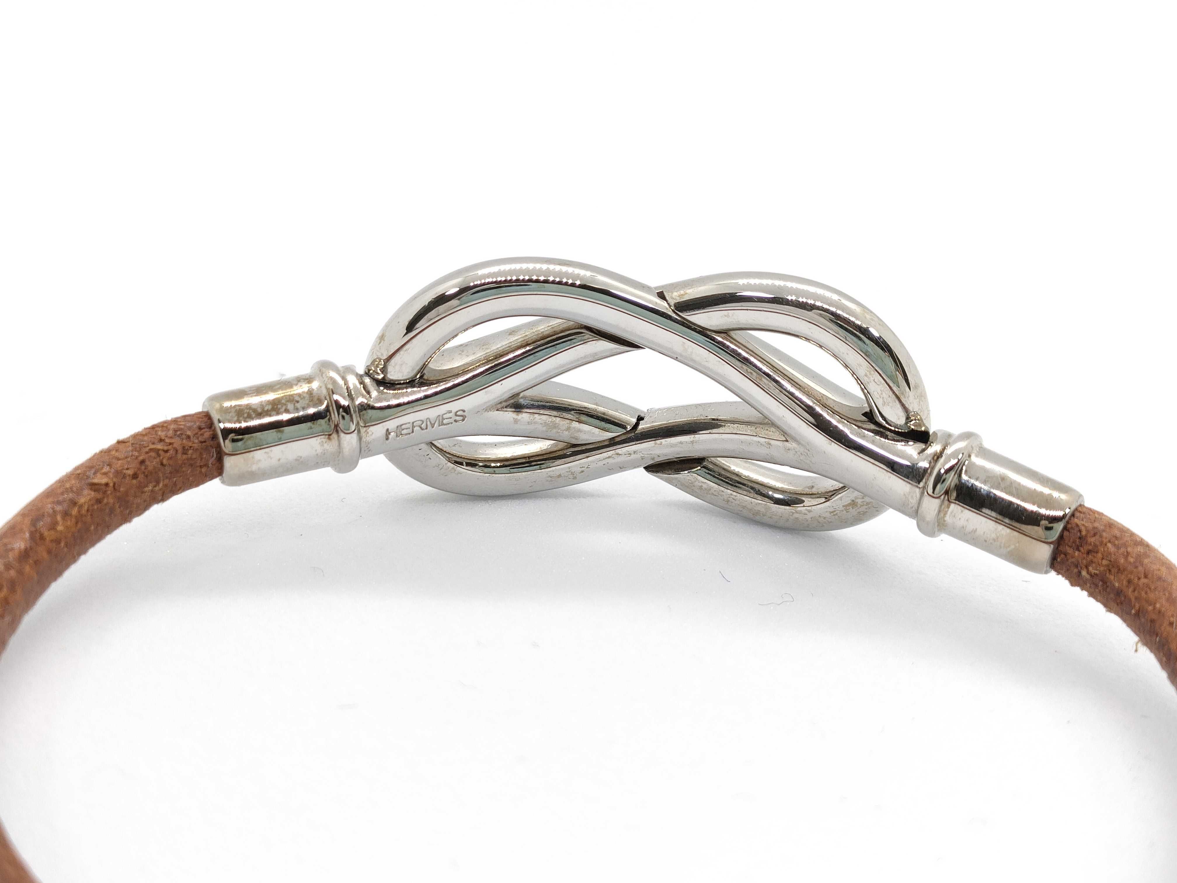 Hermes Atame Brown Leather and Palladium-Plated Metal Cord Bracelet
