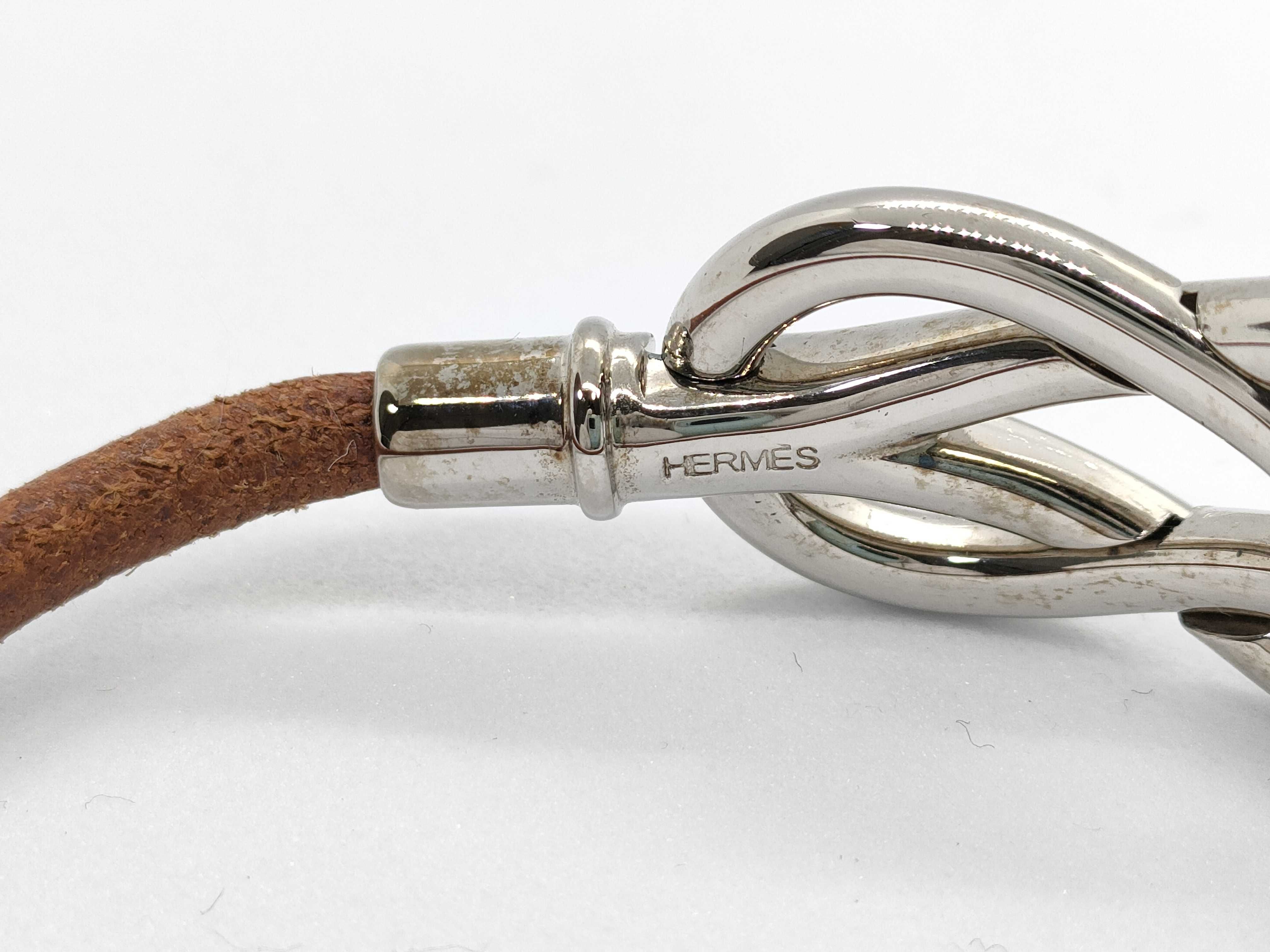 Hermes Atame Brown Leather and Palladium-Plated Metal Cord Bracelet