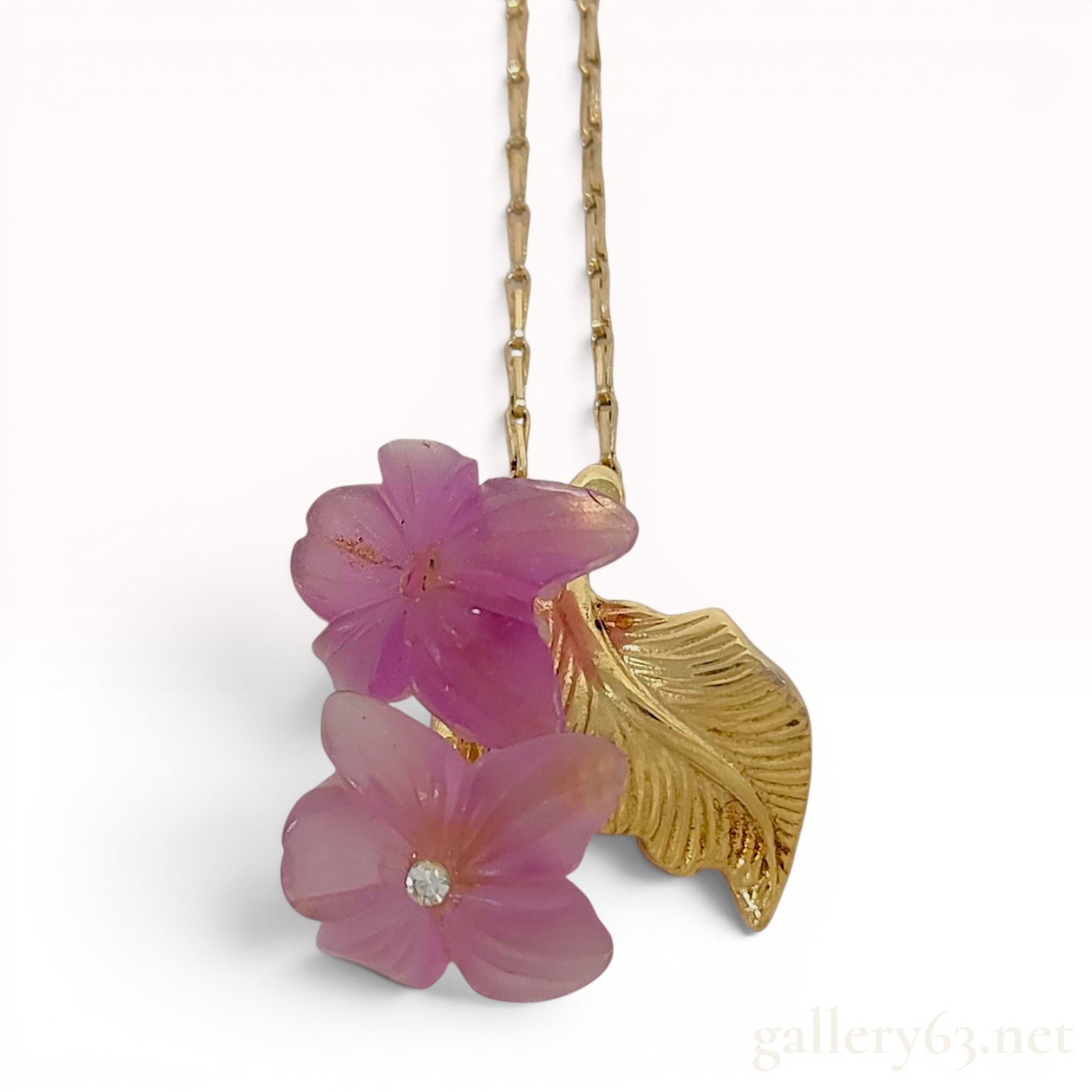 Christian Dior Vintage Gold-Plated and Carved Pink Glass Flower Pendant Necklace