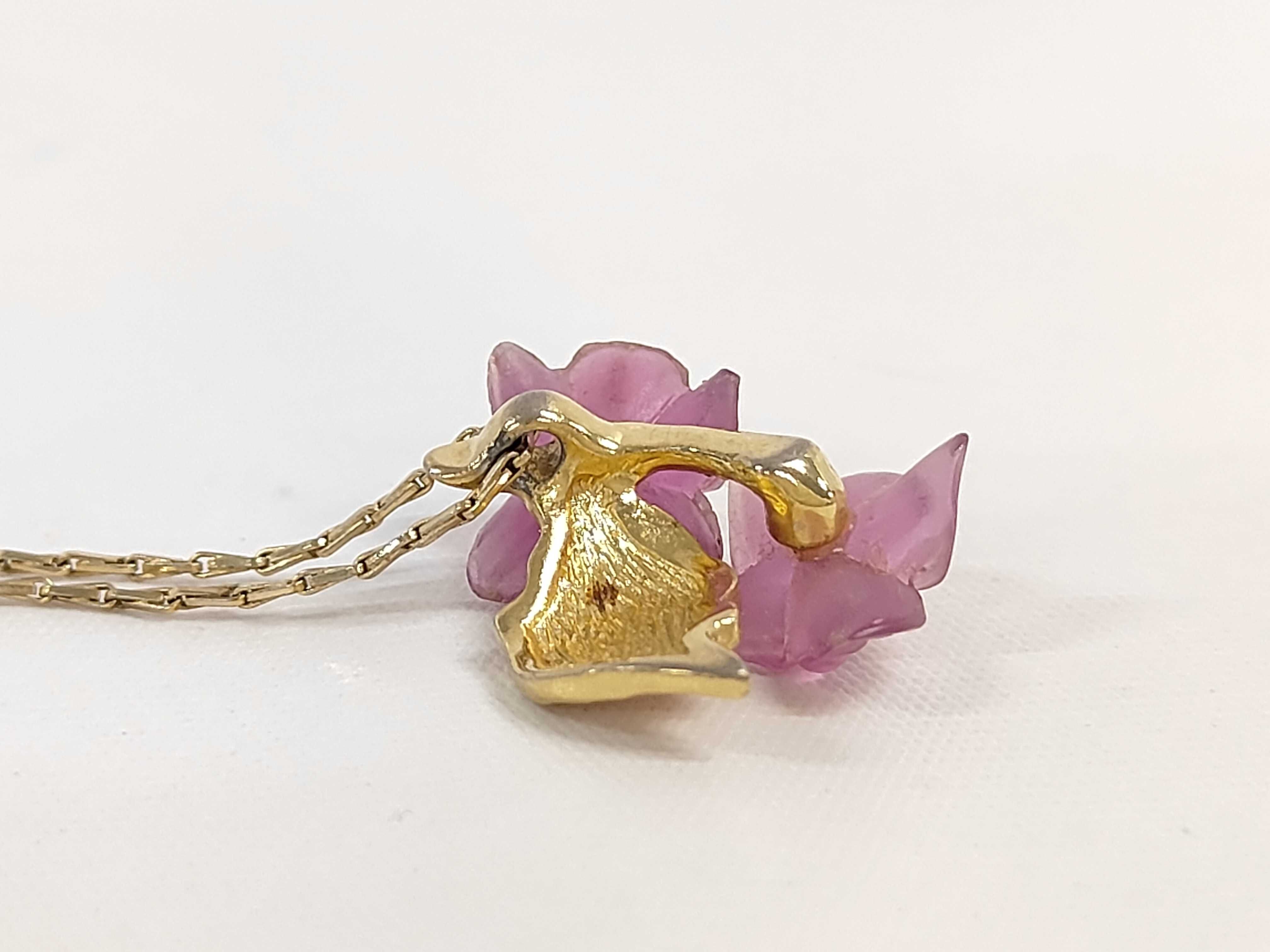 Christian Dior Vintage Gold-Plated and Carved Pink Glass Flower Pendant Necklace