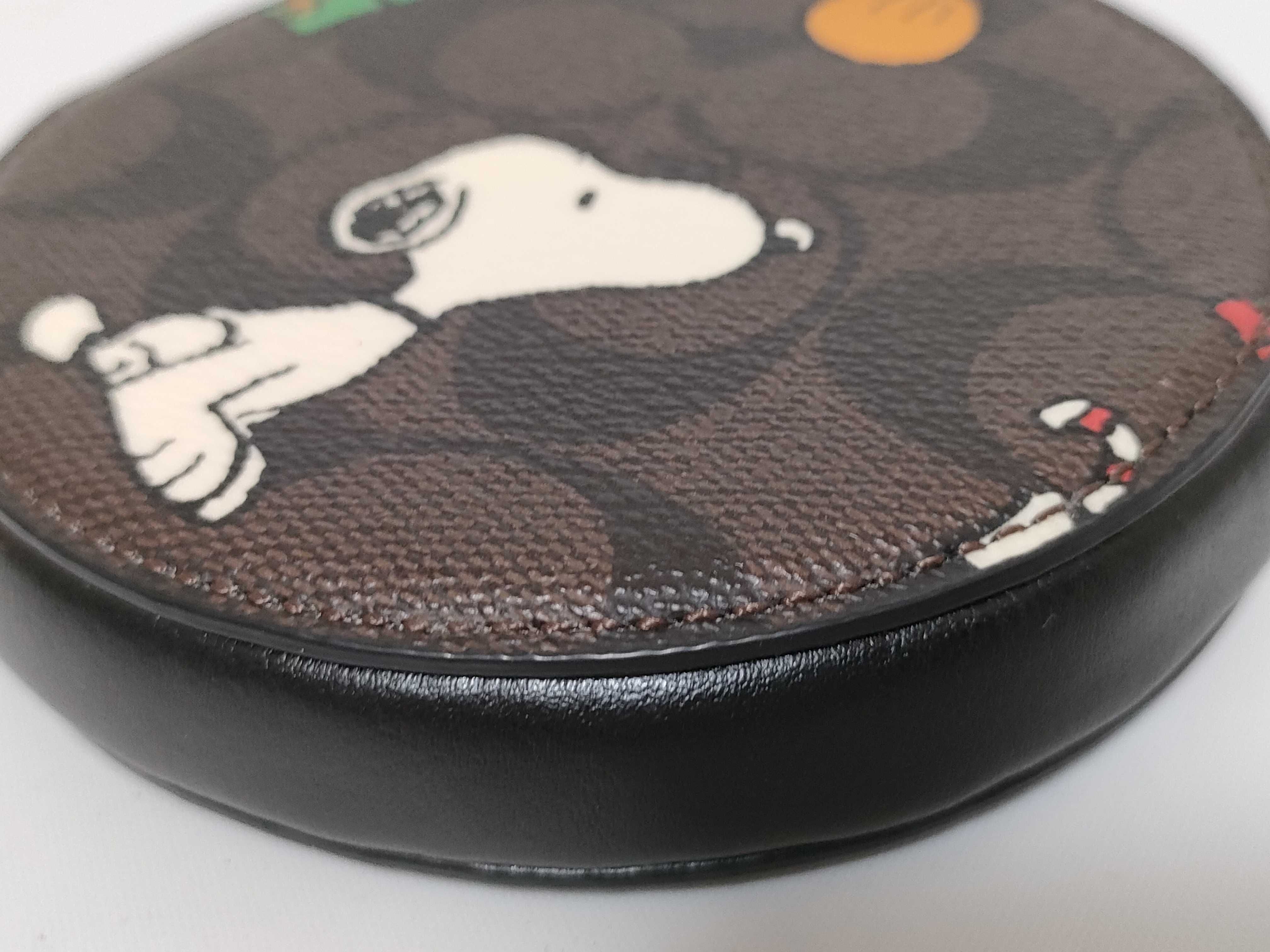 Coach x Peanuts Round Coin Case in Signature Canvas with Snoopy Presents Print