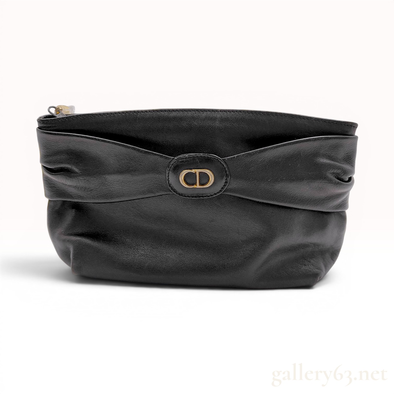 Christian Dior Vintage Black Leather Gathered Bow Clutch Bag