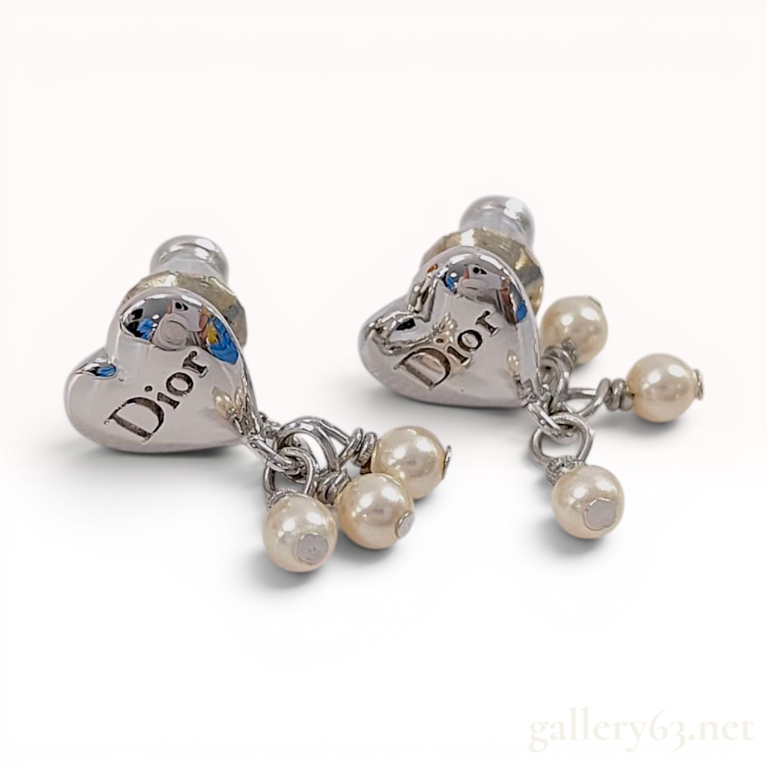 A Pair of Christian Dior Silver-Tone Heart and Faux Pearl Drop Earrings