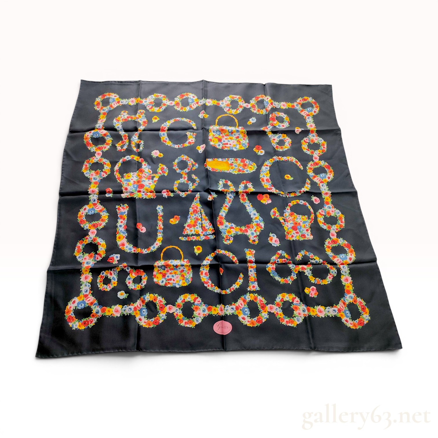 Gucci Silk Scarf with Floral Heritage Icon Motif on Black Ground