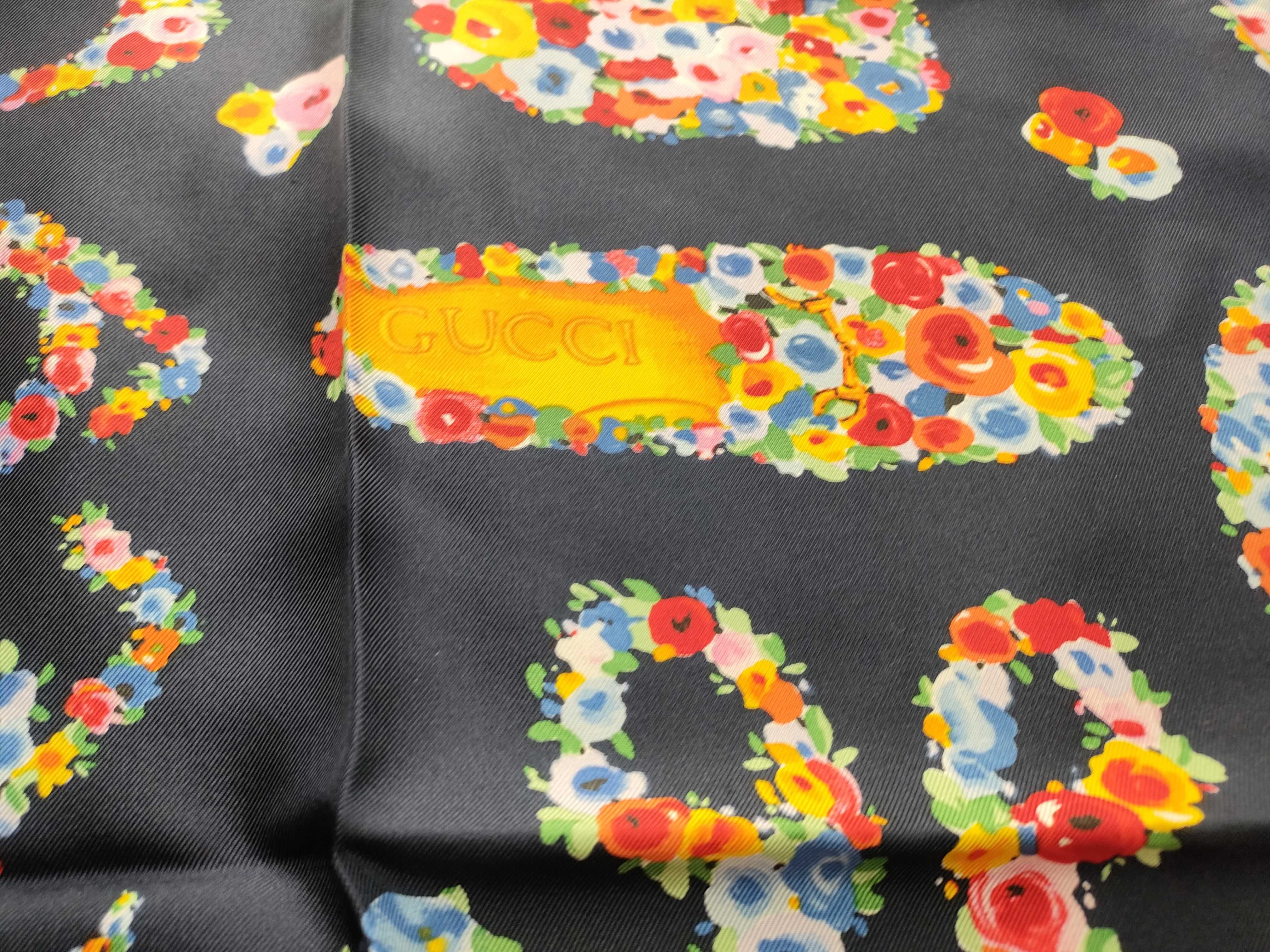 Gucci Silk Scarf with Floral Heritage Icon Motif on Black Ground