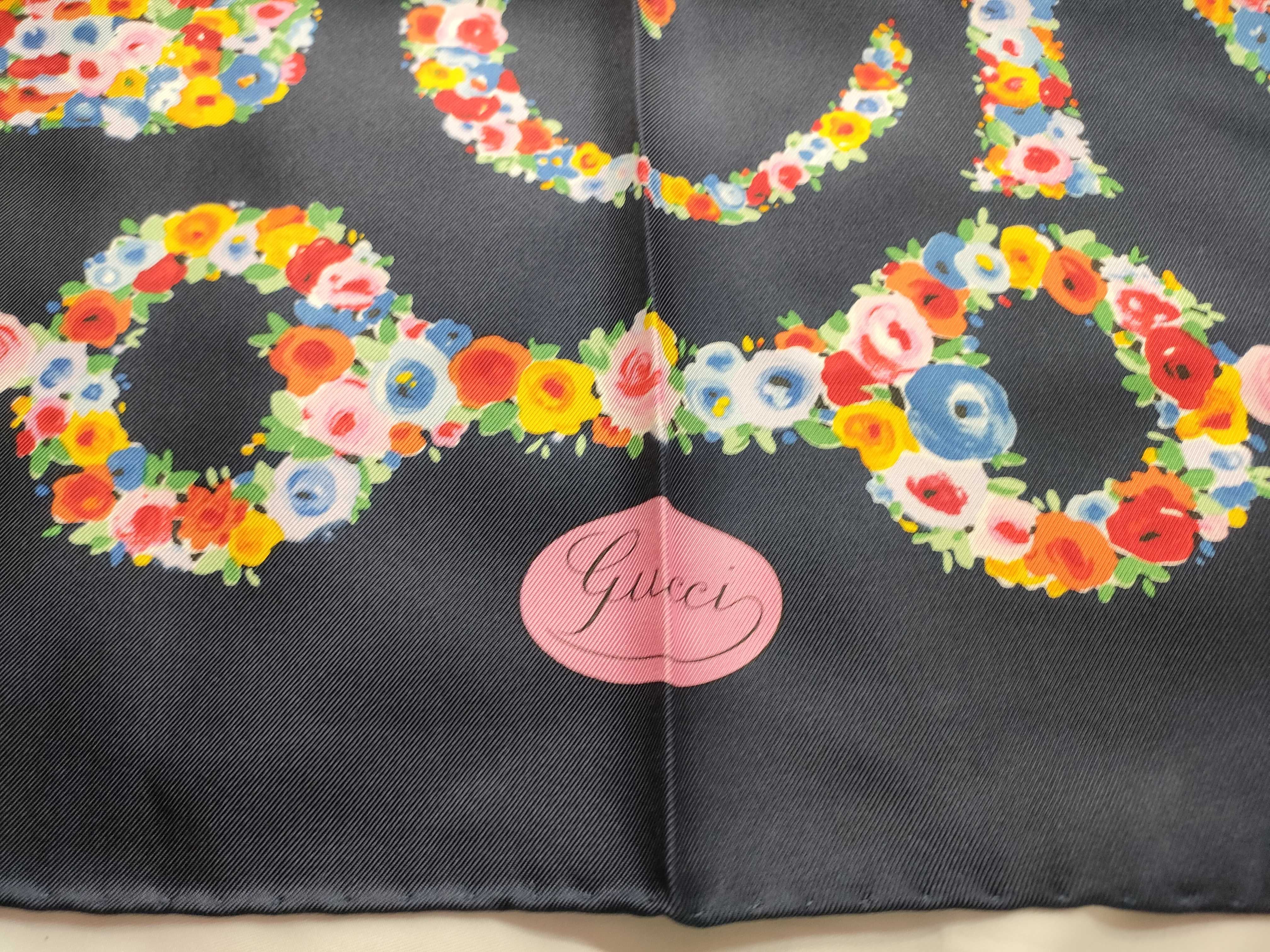 Gucci Silk Scarf with Floral Heritage Icon Motif on Black Ground
