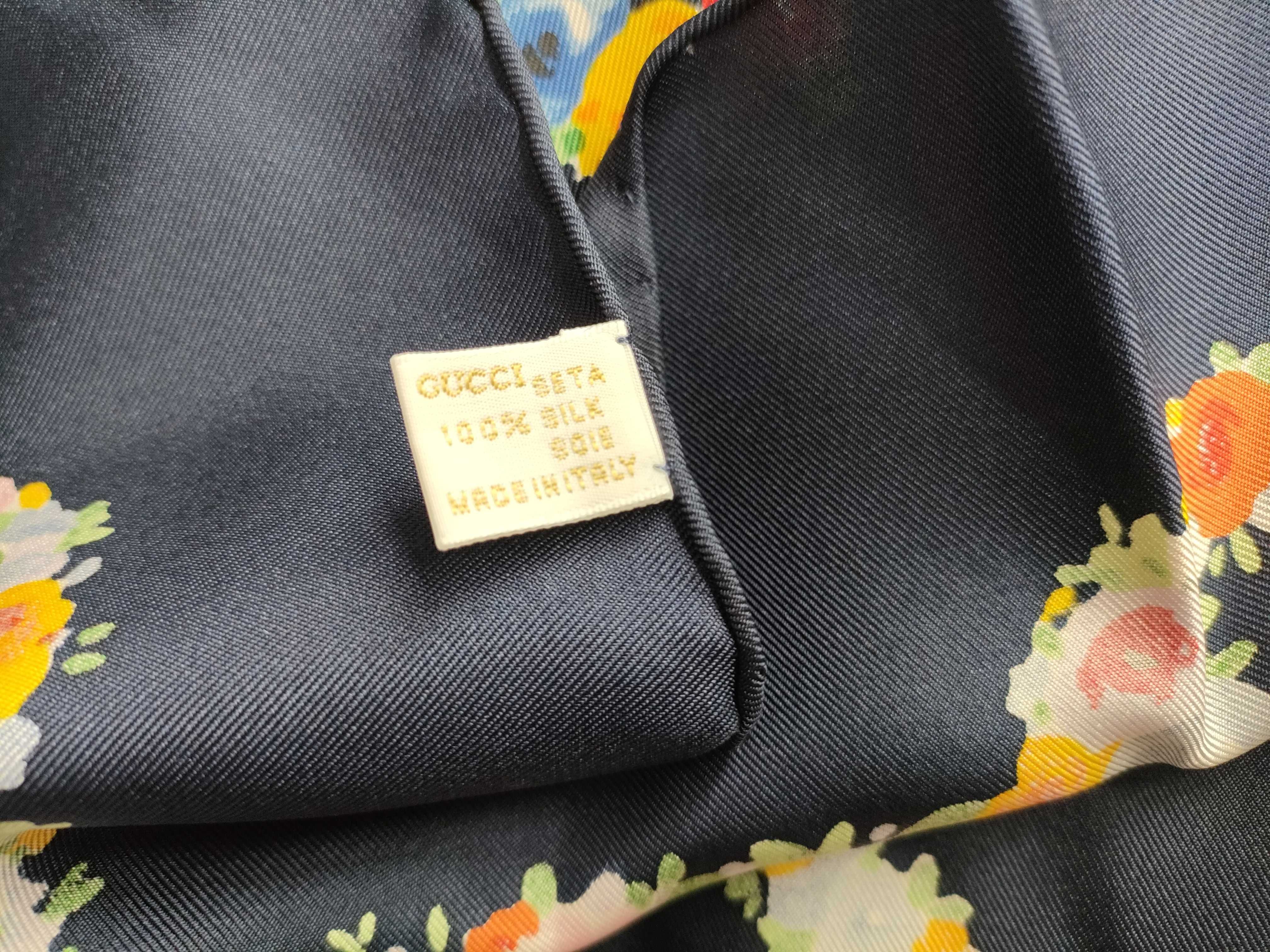 Gucci Silk Scarf with Floral Heritage Icon Motif on Black Ground